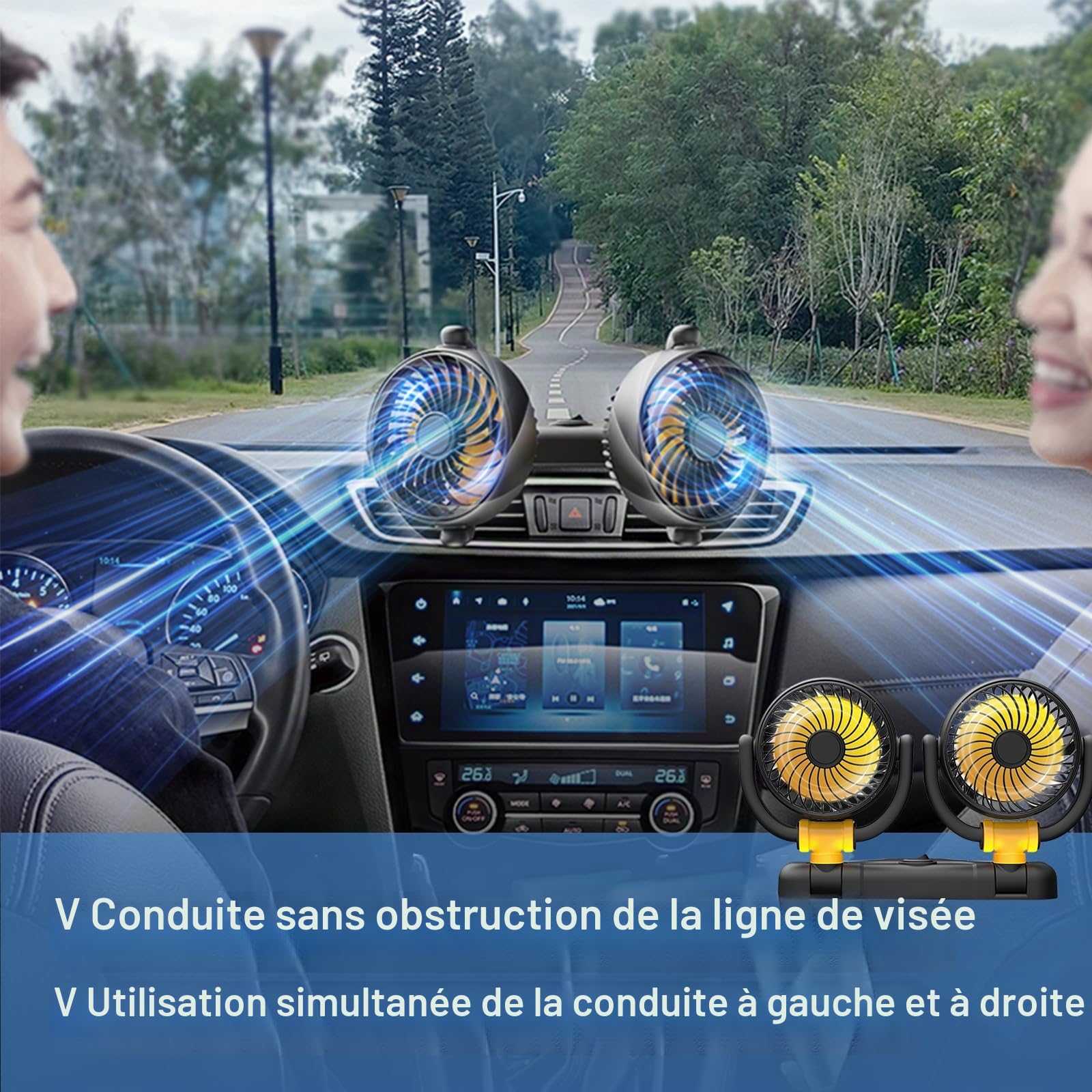 Ventilateur de voiture 12 V - Double tête - Rotation à 360° - Avec allume-cigare - Puissant et silencieux - Pour voiture, van, SUV, RV, bateau