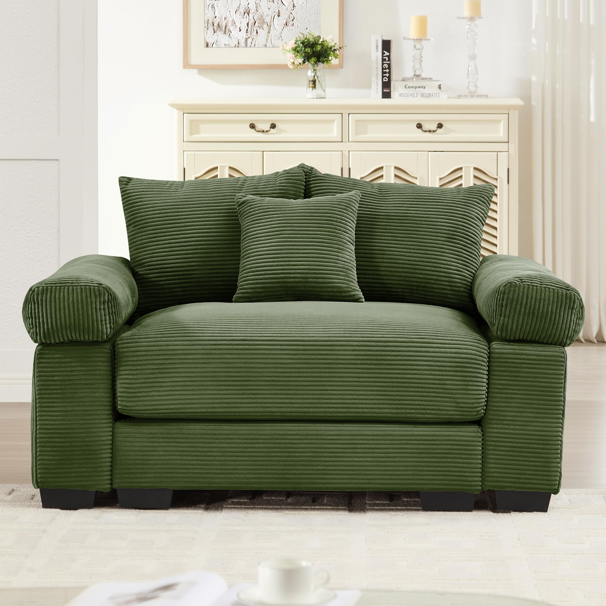Photo 1 of KEIKI 54" Oversized Corduroy Modular Sectional Single Sofa with High-Density Foam Cushions, Extra-Thick Armrests, Upholstered Modern 1-Seater Lounge Accent Chair with 3 Pillow, for Living Room, Green
