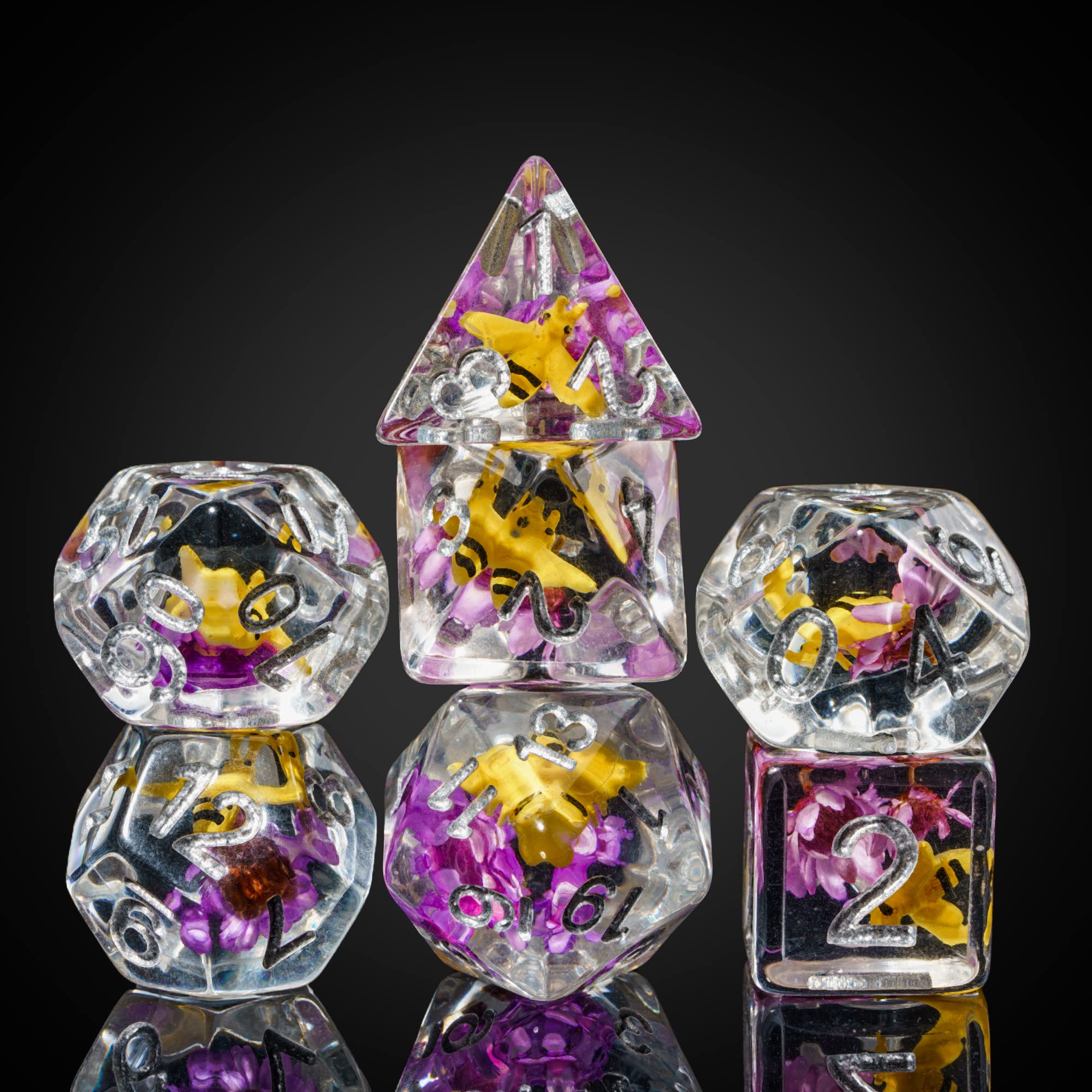 cusdie 7-Die DND Dice, Polyhedral Dice Set Filled with Animal, for Role Playing Game Dungeons and Dragons D&D DiceYellow Bee Purple Flower