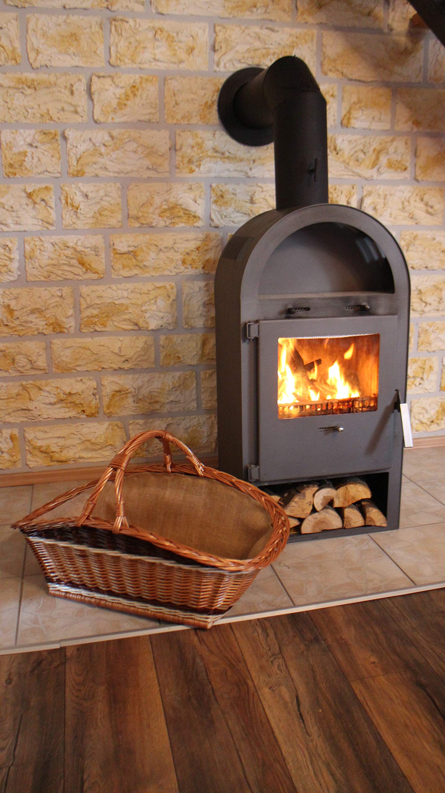 Grande cesto per legna da ardere in vimini con borsa in juta, cestino per legna da ardere, cestino per camino, cestino per legna