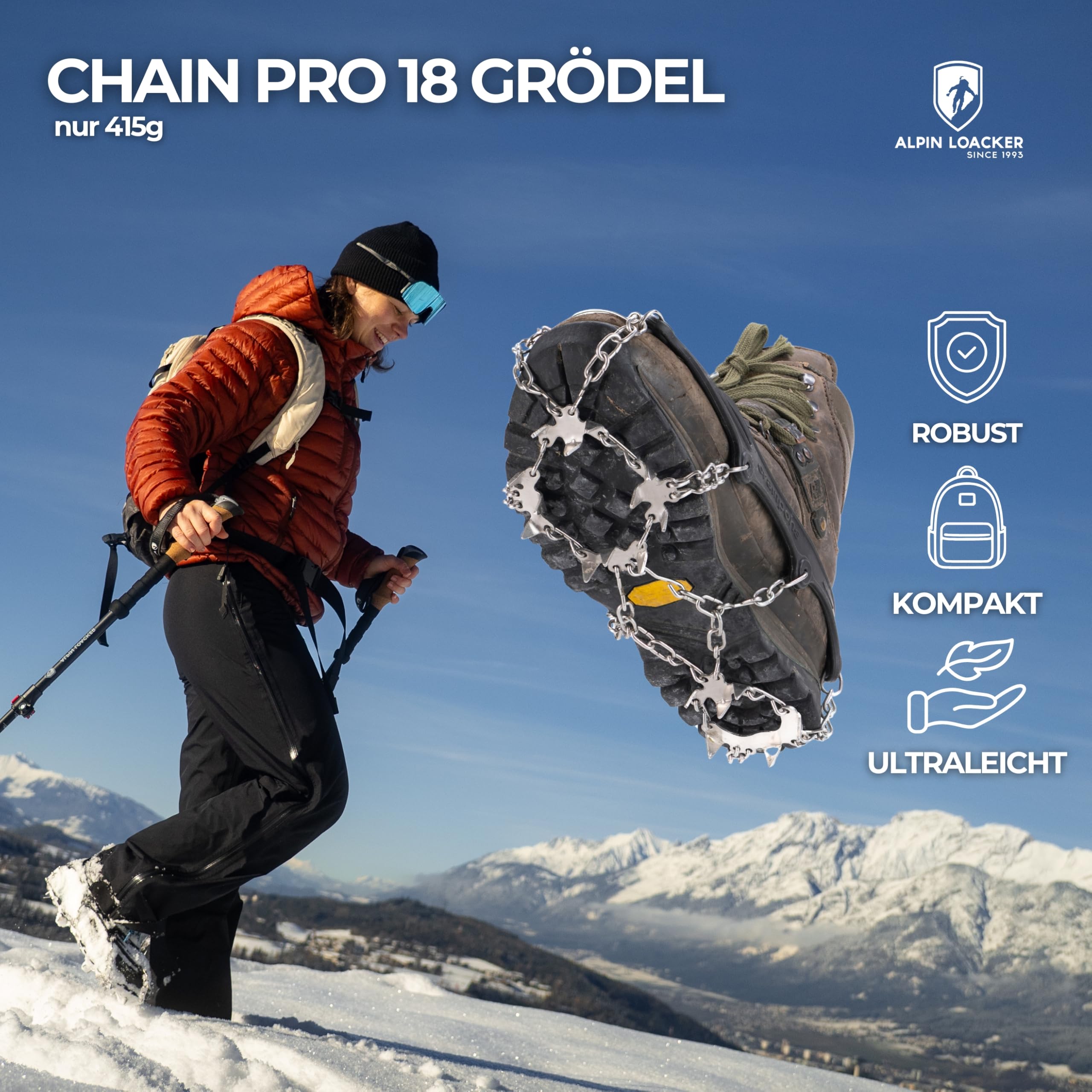 ALPIN LOACKER Grödel für Schneeschuhe I Leichte Steigeisen für Bergschuhe I Schhukrallen und Antirutsch Spikes I Eiskrallen & Schuhspikes