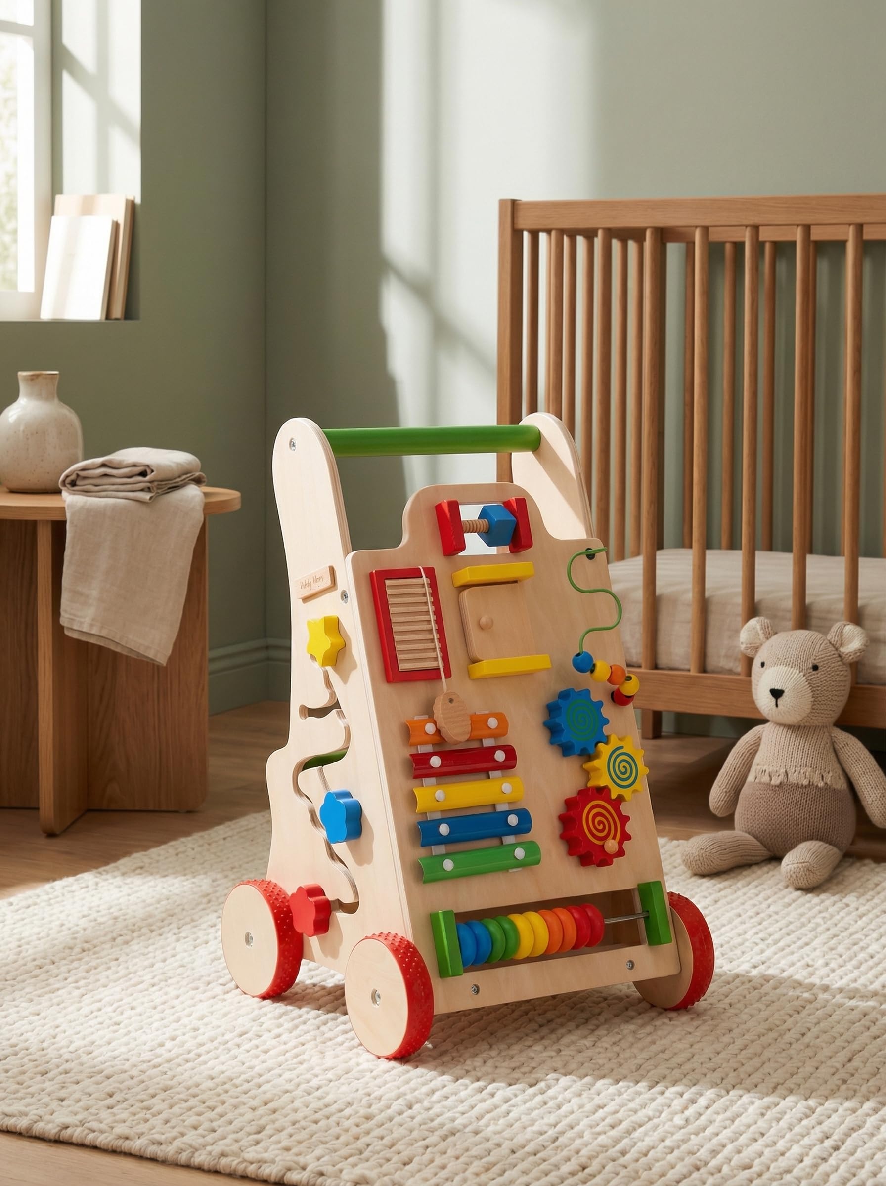 KiddyMoon Drewniany chodzik interaktywna zabawka edukacyjna dla dzieci wielofunkcyjna zabawka do pchania dla niemowląt Montessori Walker dla dzieci model WK-002, wielokolorowa