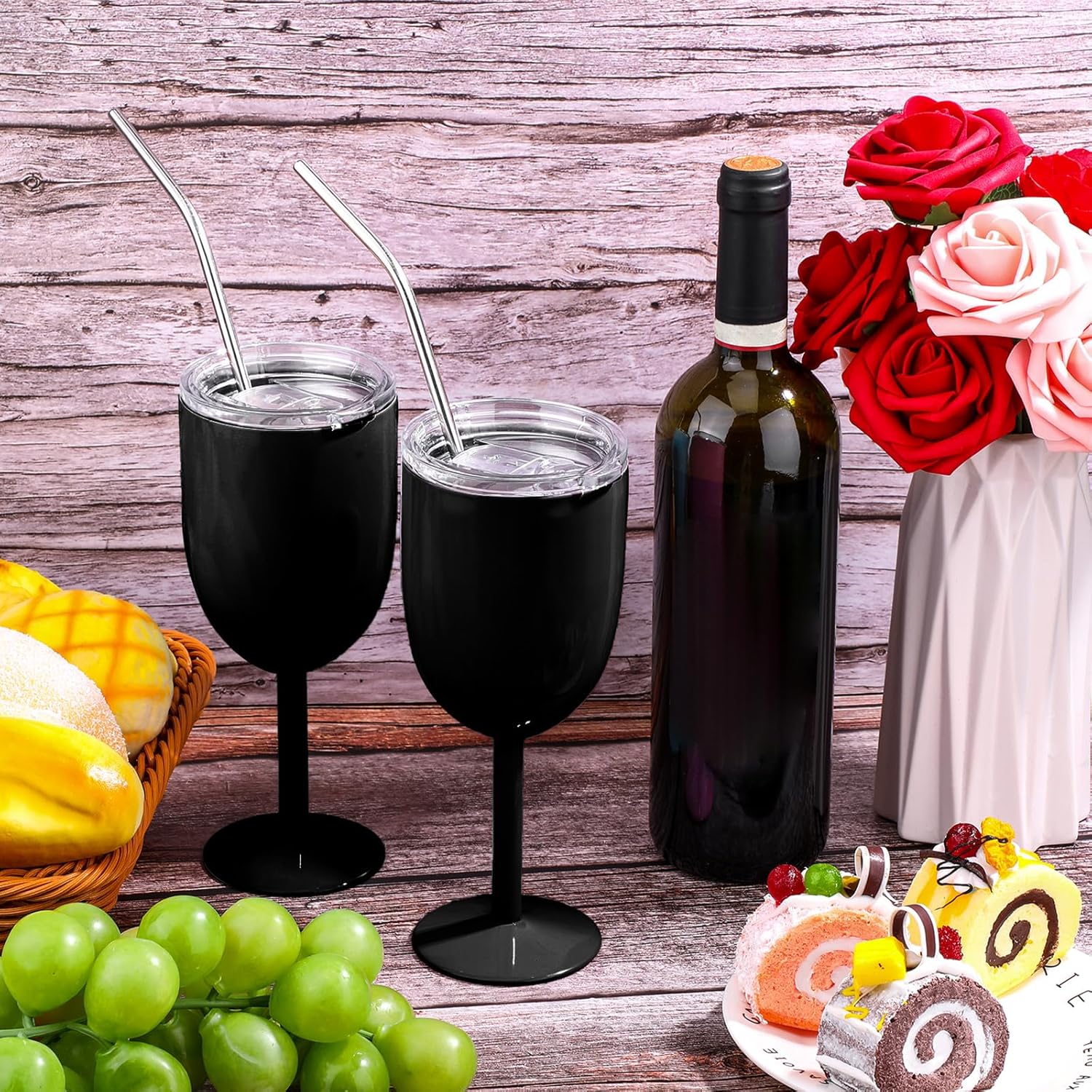 Geiserailie 3 Pcs Stemmed Stainless Steel Wine Glasses with Lid Double Wall Insulated Wine Tumbler with Drinking Straw and Straw Brush 10 oz Cups for Christmas Gifts(Black,3 Pieces)