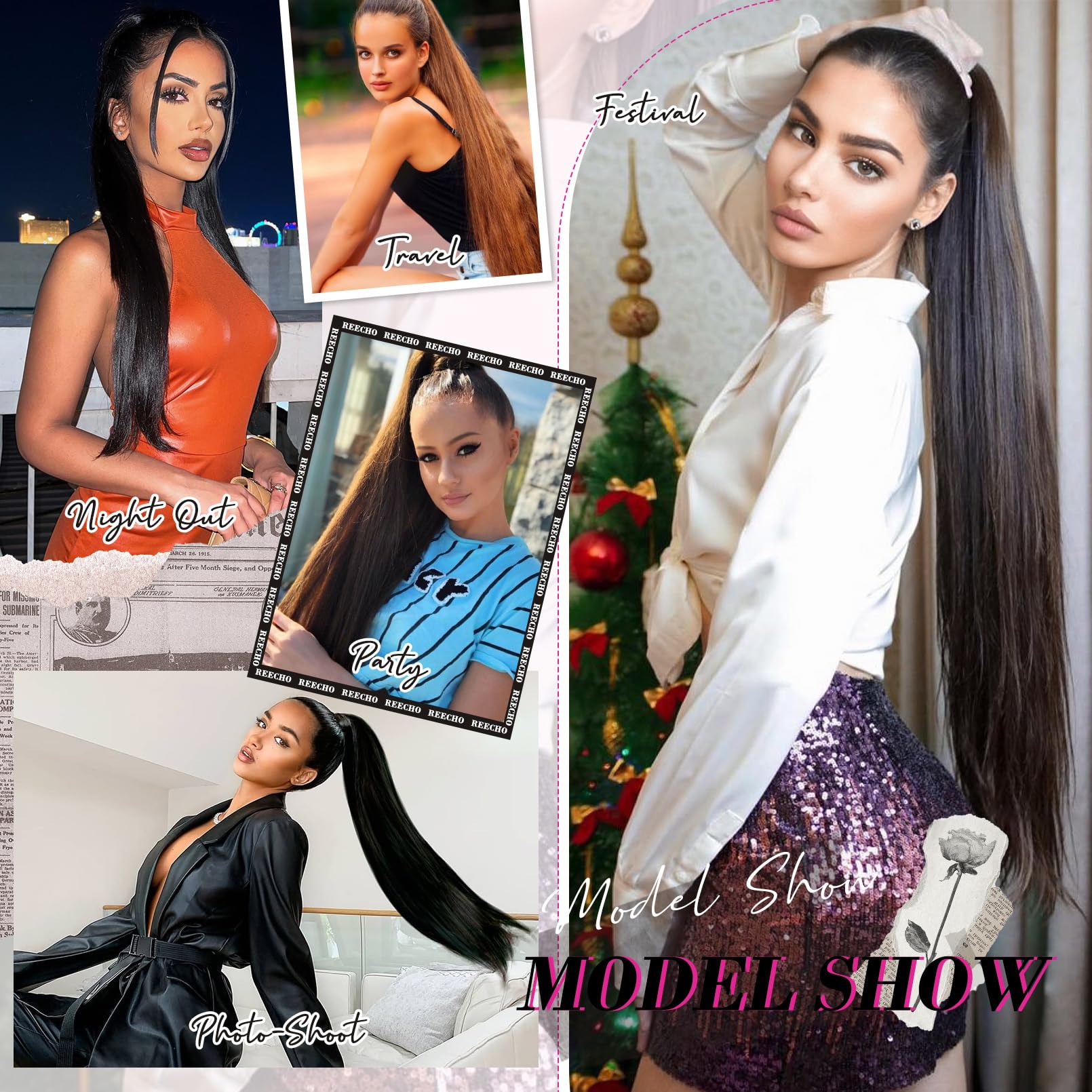 REECHO Ponytail Extension Long Straight Drawstring Ponytail Extensions Clip in Ponytail Extension Natural Soft Hairpieces for Women Girls, 36 Inch/Chocolate Brown with Blonde Highlights