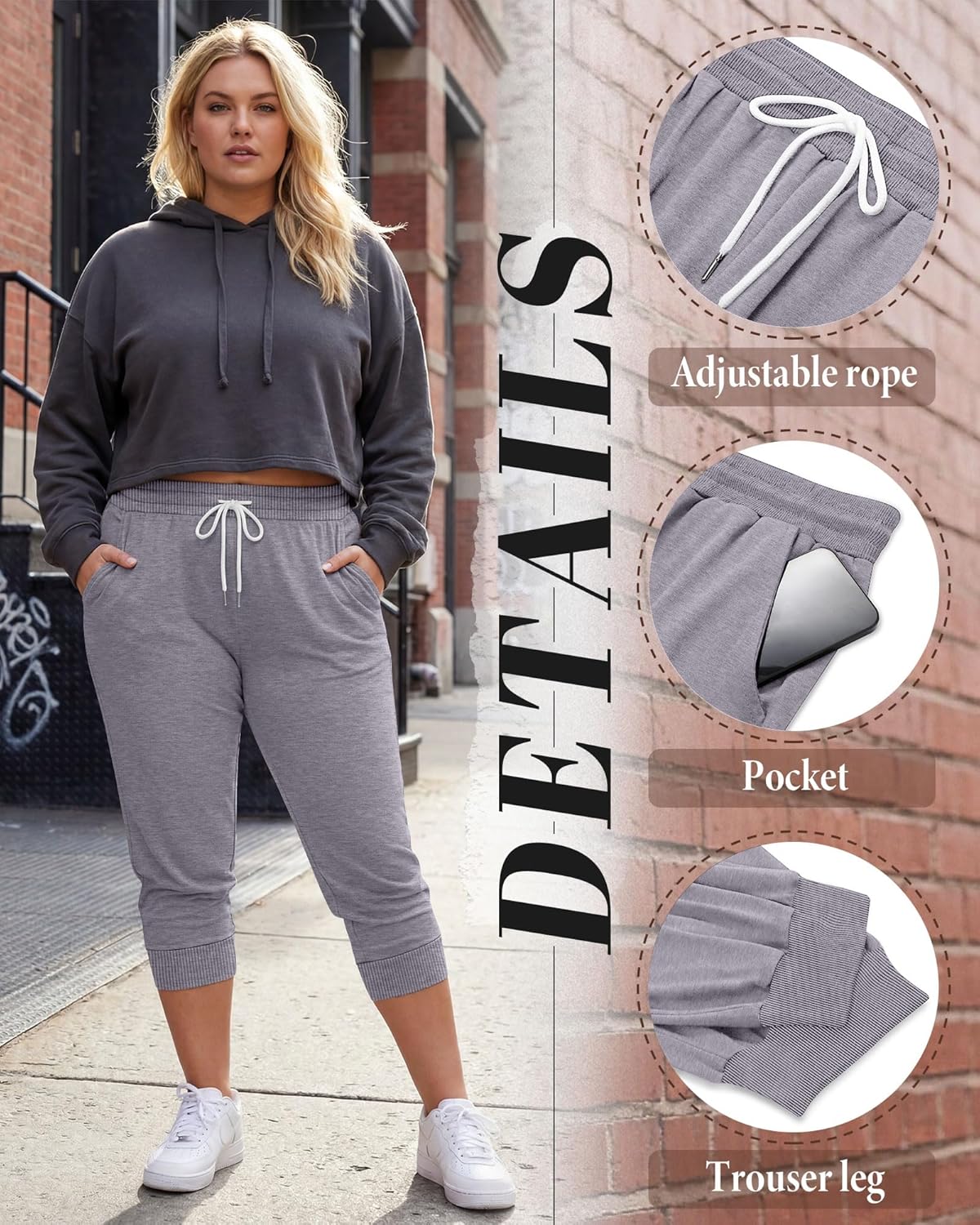 Neer 3 Pack Women's Plus Size Capris, Cotton Lounge Capri Pants Cropped Casual Sweatpants Drawstring Pants with Pockets - Image 6