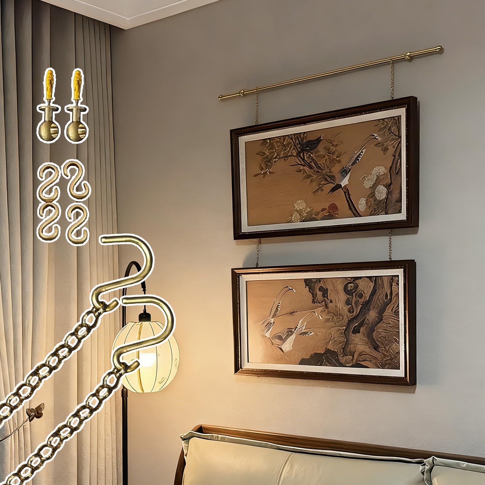 Riel Colgar Cuadros Barra de Latón para Colgar Cuadros en El Dormitorio, Sistema para Fotos Galería, con Cables para Obras Arte Antiguas y Ganchos(140cm/55.1in/4.6ft)