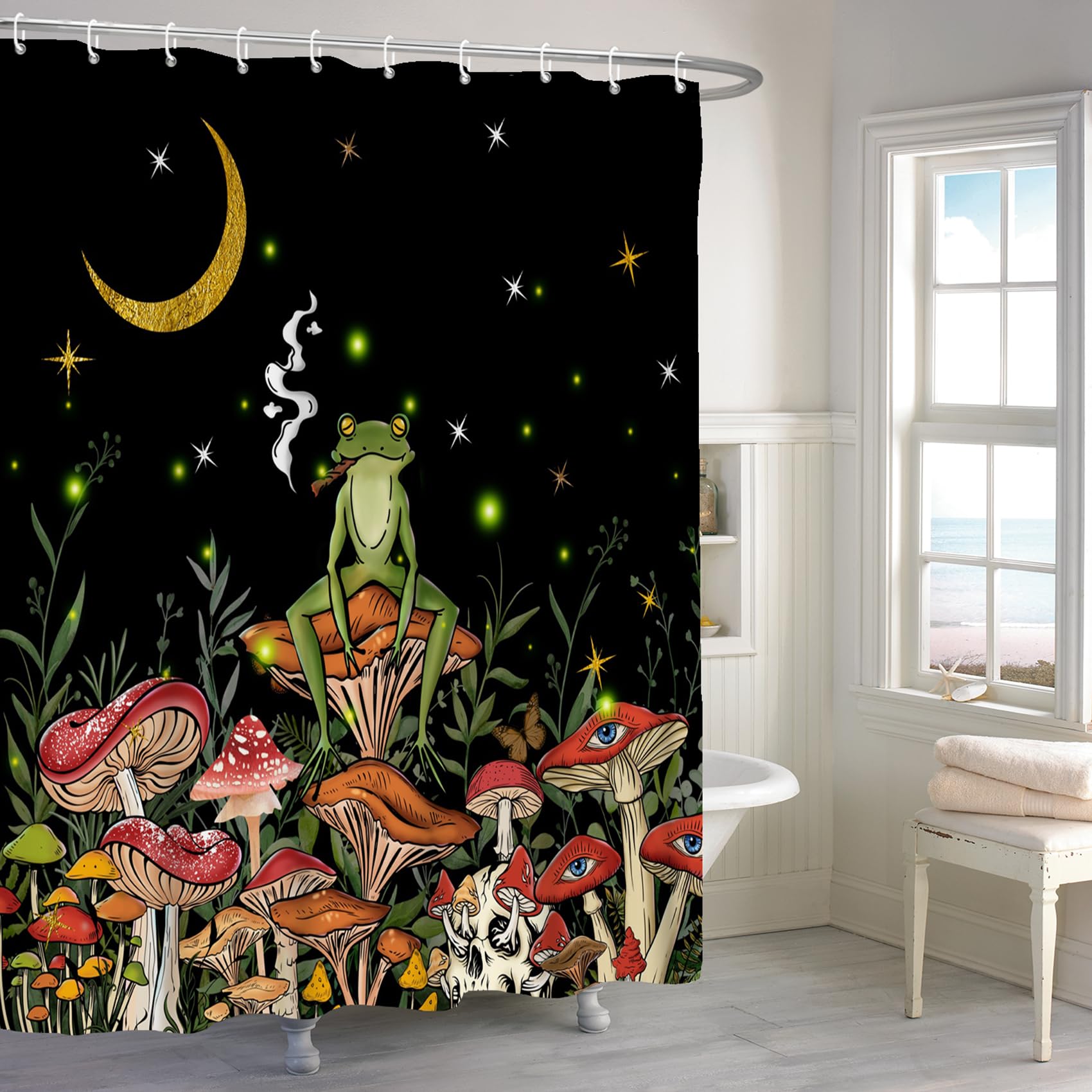 Rideau de douche champignon bohème et grenouille en polyester 183x213cm