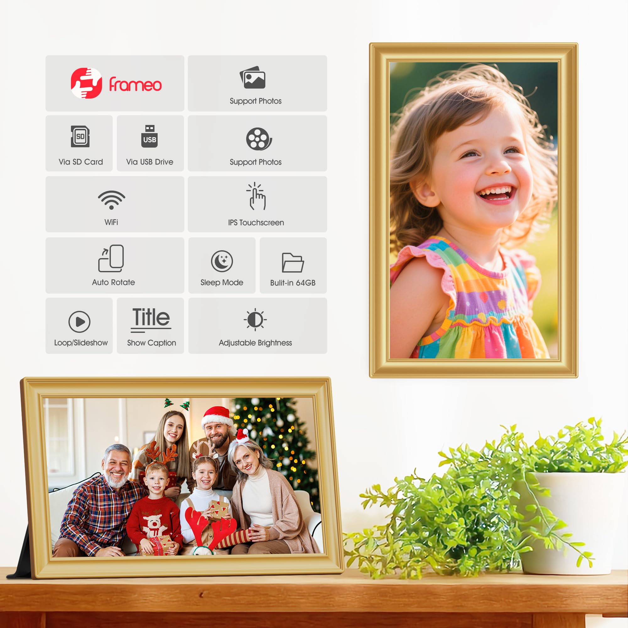 FRAMEO Cadre Photo Numérique WiFi De 15,6 Pouces, Cadre Photo Numérique Avec écran Tactile 1920 X 1080 FHD, Stockage Intégré De 64 Go, Capteur De Mouvement, Montage Mural, Rotation Automatique