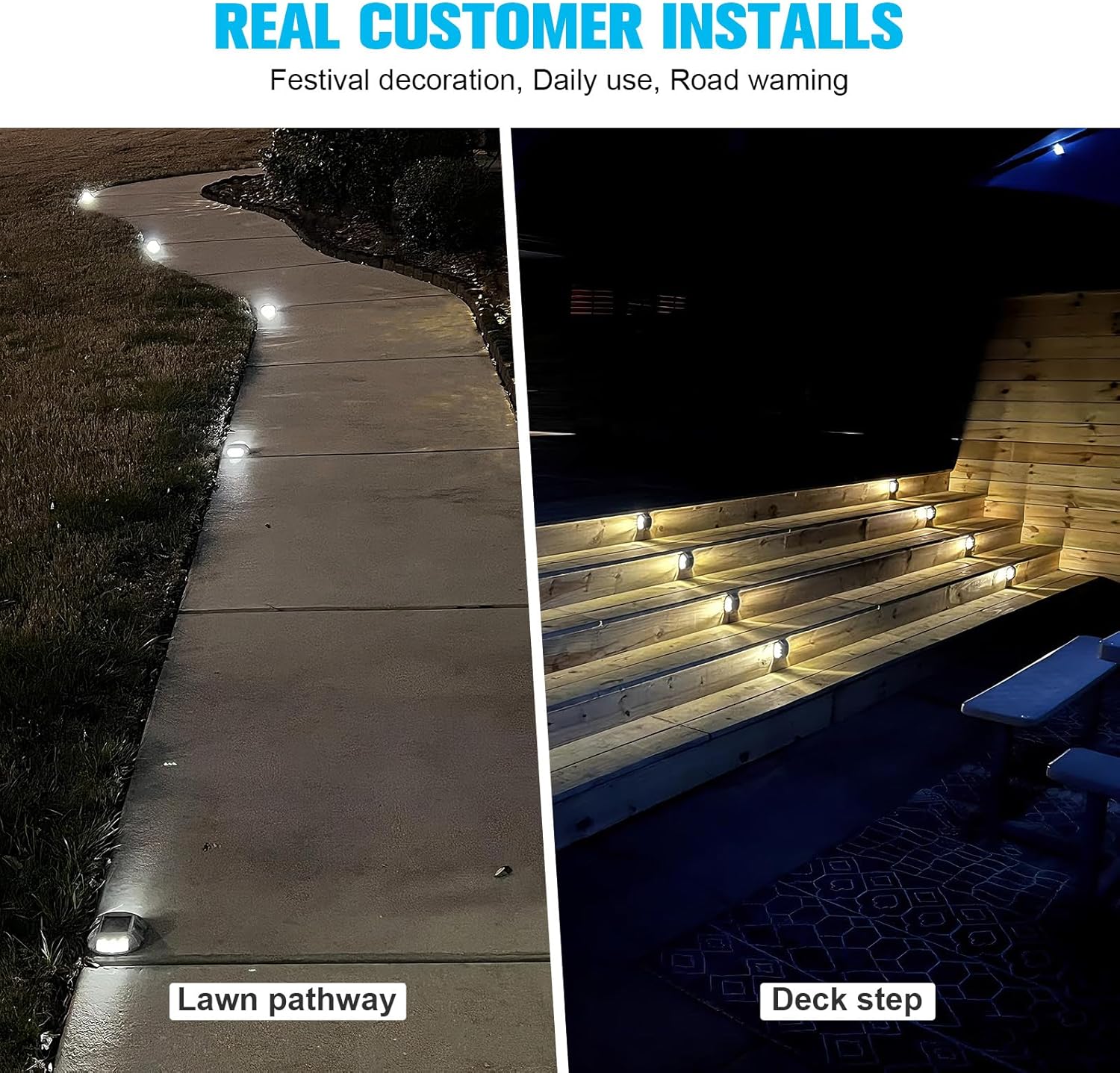 VOLISUN Solar Deck Lights Driveway Dock Light, 12-Pack Led IP68 Waterproof Outdoor Warning Step Lights for Driveway Sidewalk Garden Pathway Yard(Warm White, Auto On/Off