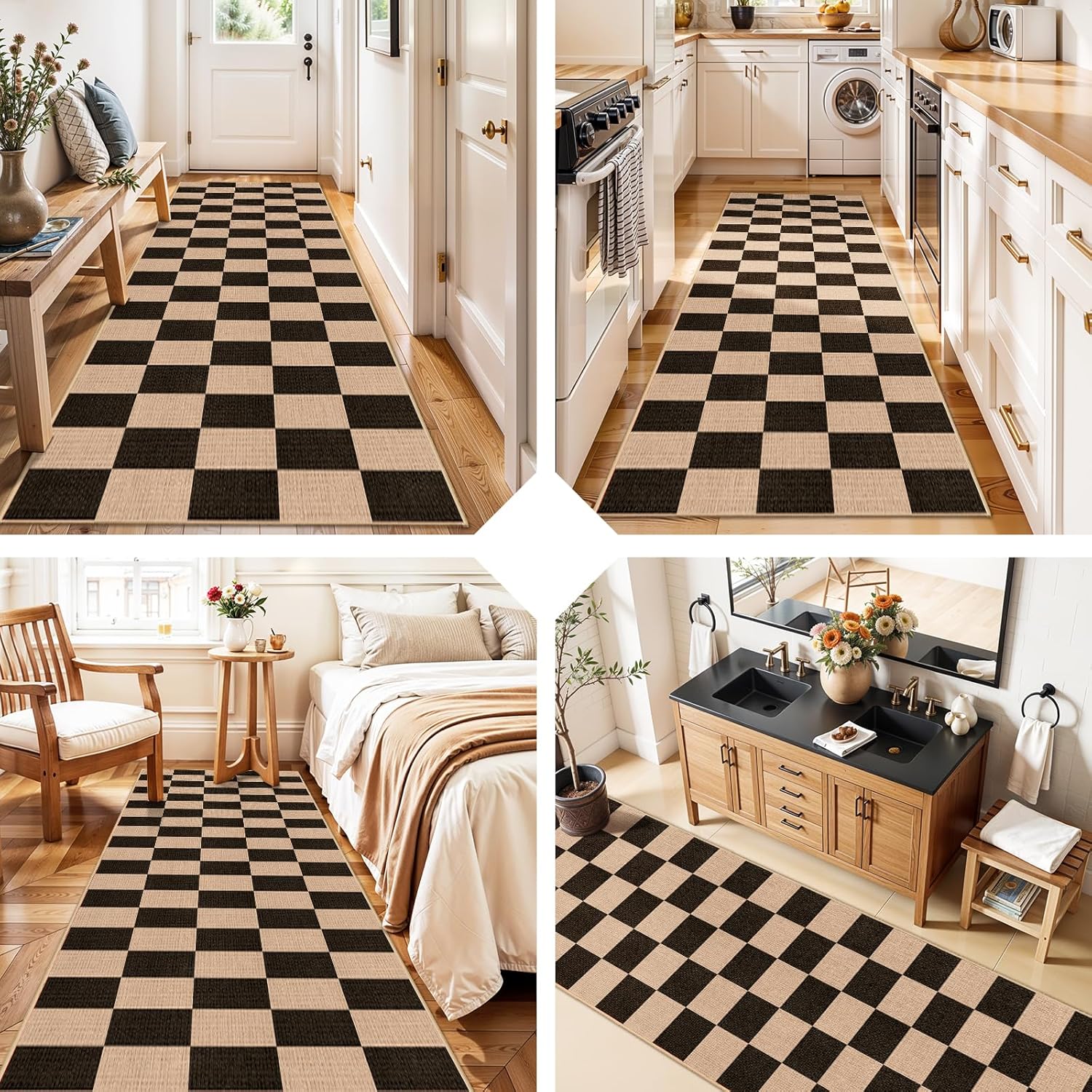 2x8 Checkered Runner Rug for Hallway: Washable Faux Jute Runners Indoor Farmhouse Style - Carpet with Non-Slip Backing - Non Slip Narrow Floor Runners for Entryway Kitchen Living Room (Black,2x8)