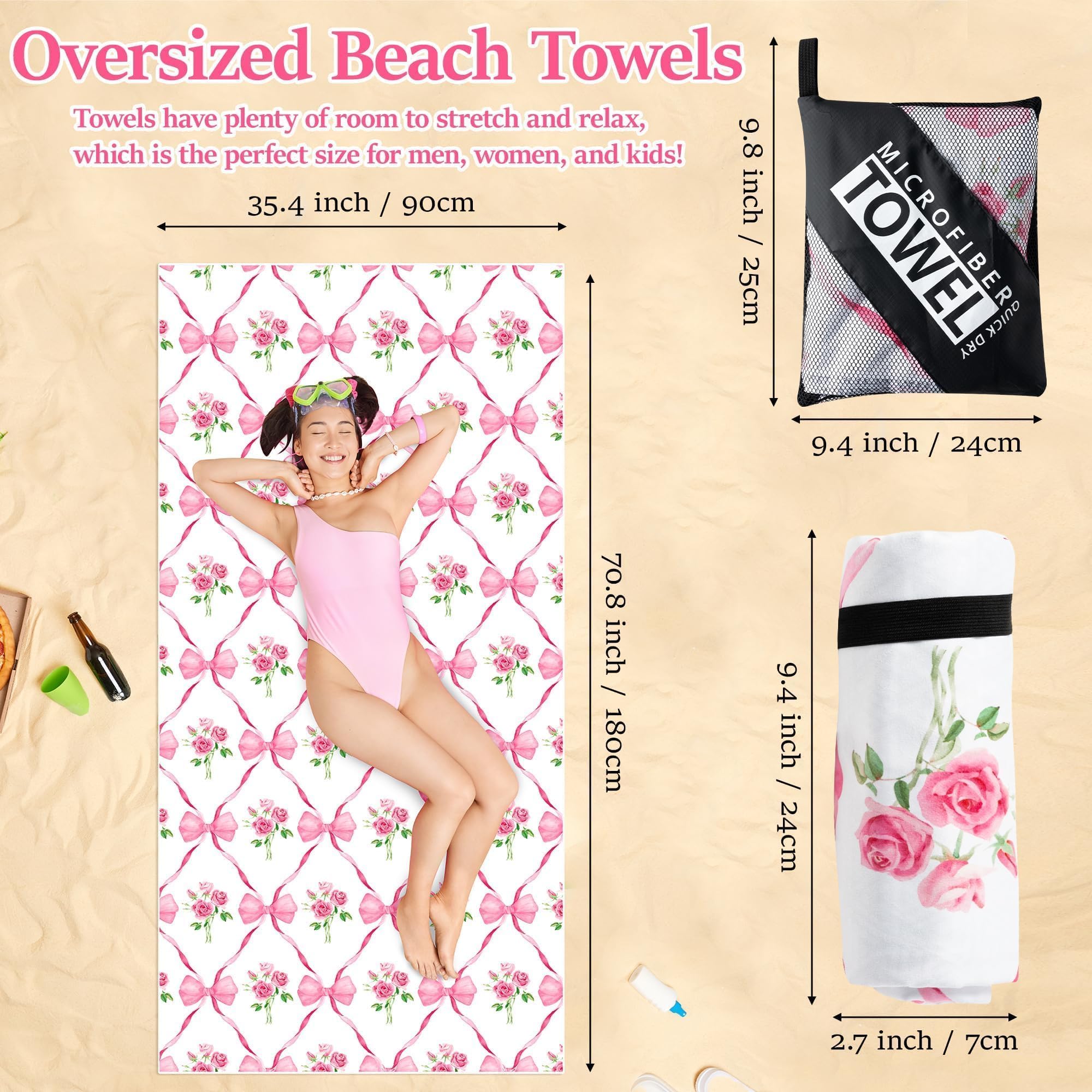 Super Soft Polka Bow Beach Towel - 71x35 Inch Quick-Dry, Sand-Resistant Velvet Pool Towel For Women & Kids - View #4