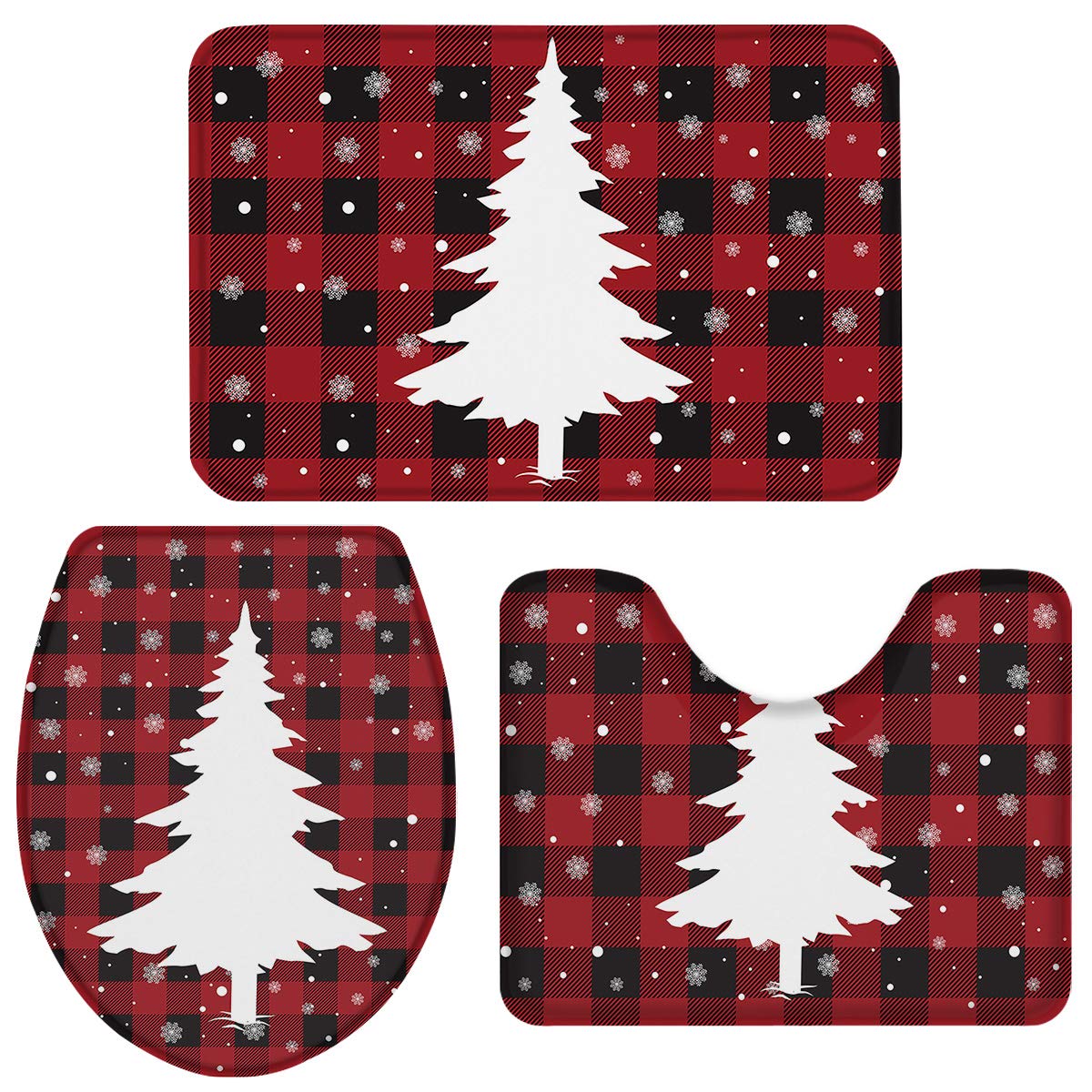 Fancyine 3 Pieces Bath Rugs Sets Xmas Tree and Buffalo Plaid Soft Non-Slip Absorbent Toilet Seat Cover U-Shaped Toilet Mat for Bathroom Decor Merry Christmas