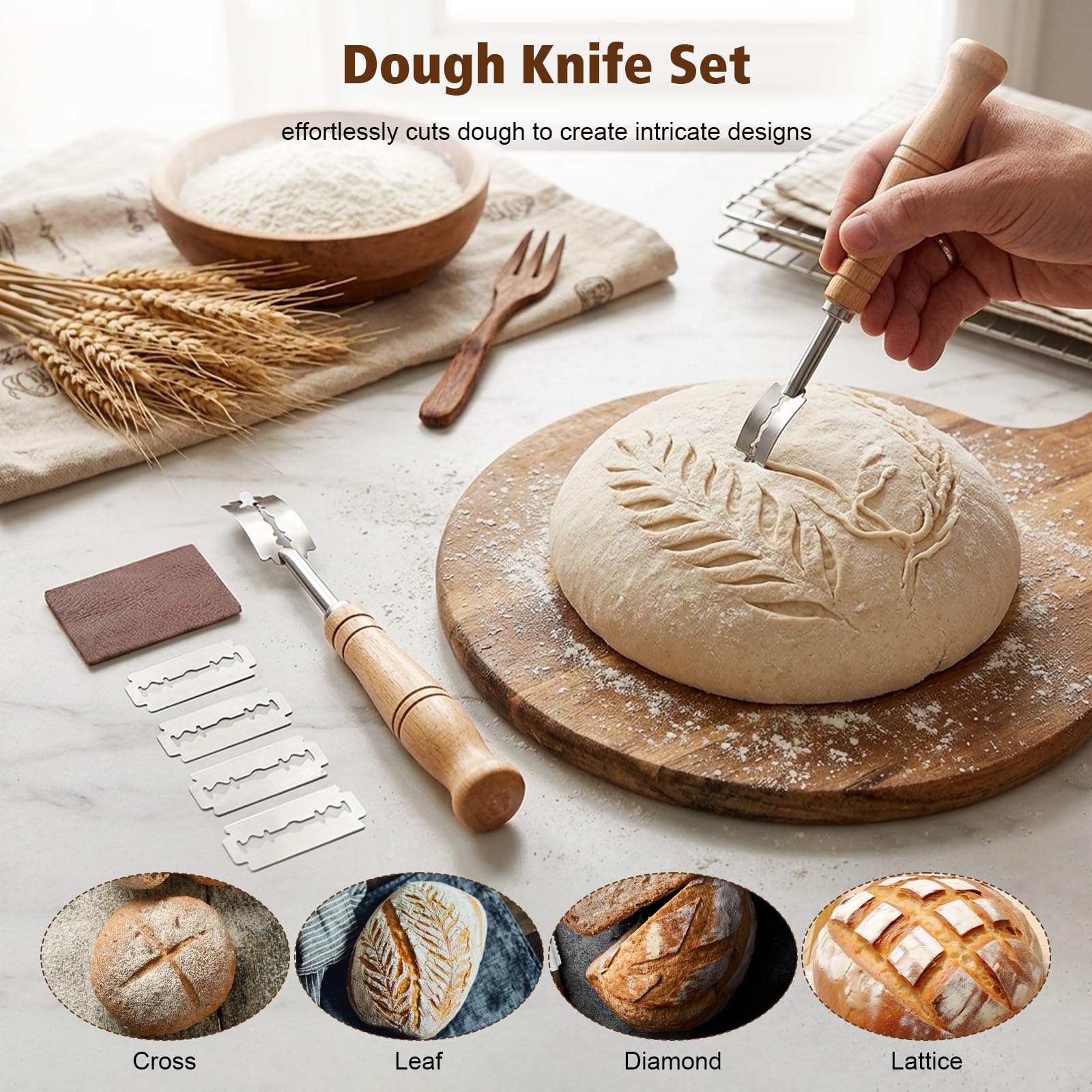 Banetones para Pan Kit, Cesta Fermentación Masa Madre con Banneton, Cuchillo para Pan, Mezcladora, 17 Piezas Kit Pan Casero para Principiantes, Sourdough Starter Kit Completo