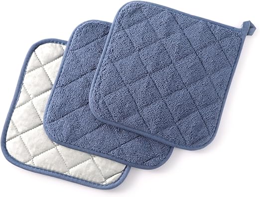 100% Cotton Basic Terry Collection Quilted,Pot Holder for Cooking and Baking,3 Piece. (French Blue)