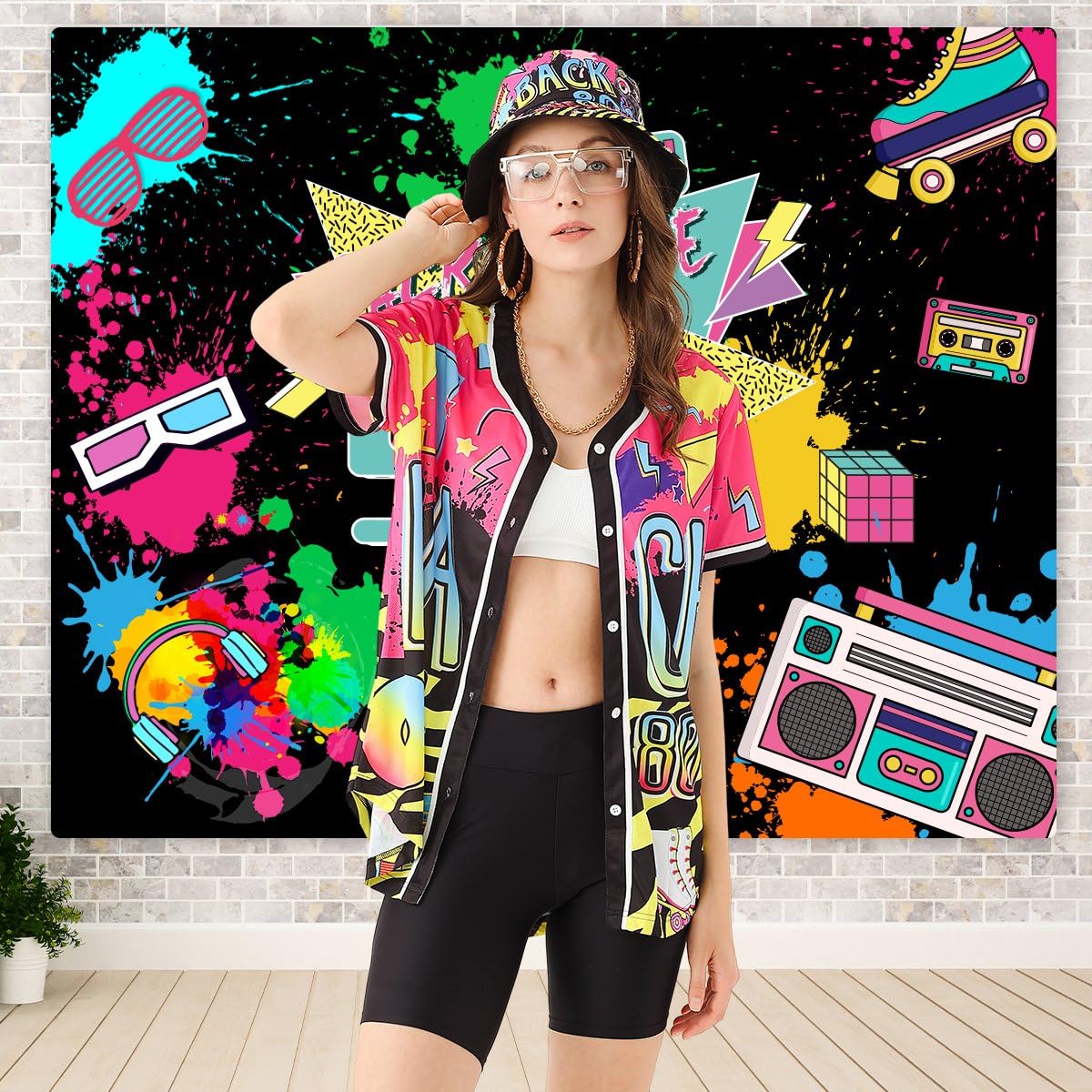 Traje unisex de los años 80 y 90 para mujer, disfraz de hip hop, camiseta de béisbol, pantalones de yoga, sombrero de pescador, cadena dorada, accesorios de rapero