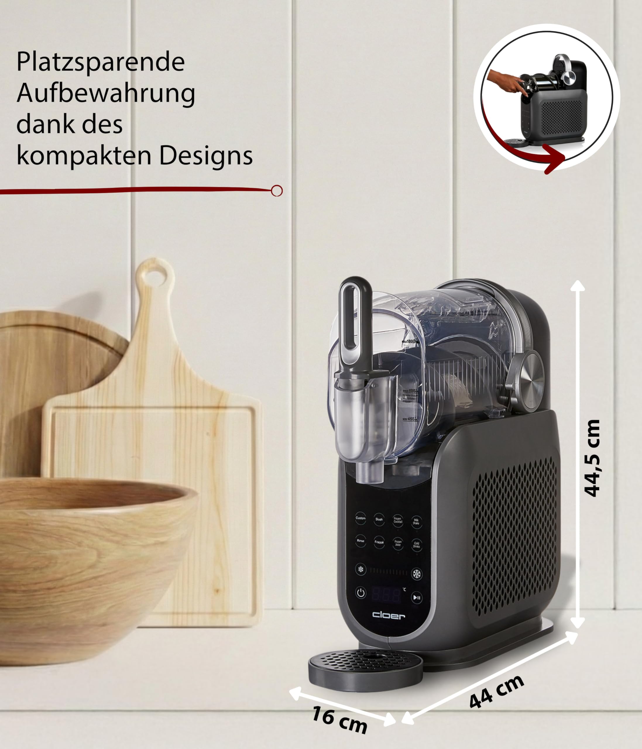 Cloer 9960 Slush Eis Maschine mit 2,5 l Volumen, 6 Programmen und 12h Kühldauer, Küchenmaschine mit Touch-Bedienung für Slush Ice, Frozen Cocktails, Milchshake, Frozen Juice & Cold Drinks, 200 W