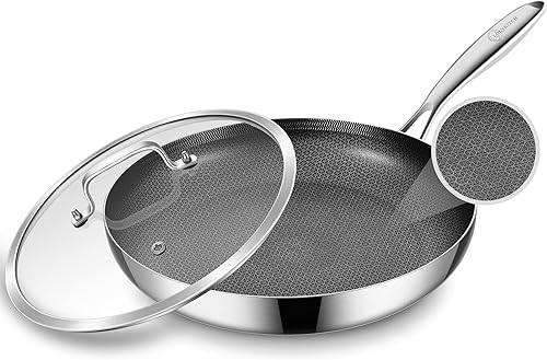 LOLYKITCH Sartén híbrida de acero inoxidable antiadherente de 12 pulgadas, sartén de inducción con tapa, sartén, horno y lavavajillas, mango