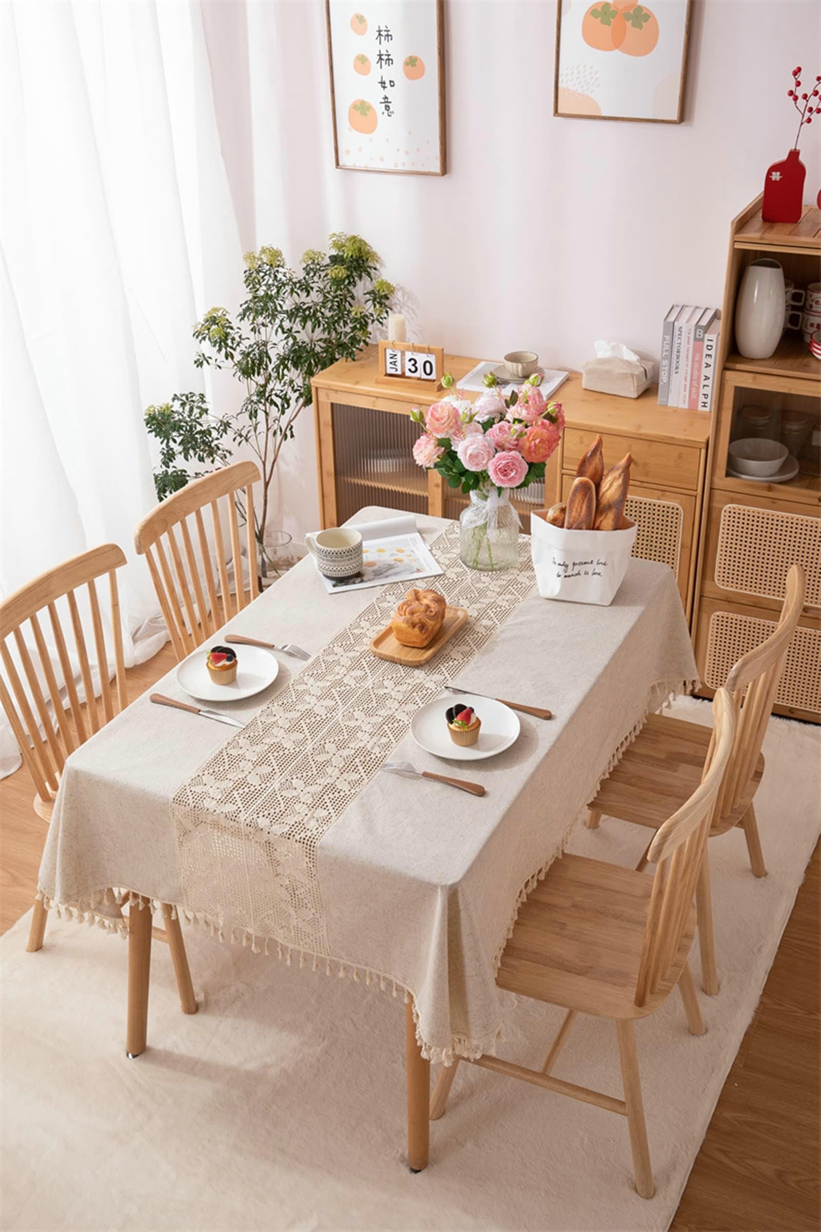 Gualiy Manteles Mesa Comedor Rectangular, Poliéster Manteles Mesa Cocina 140x260CM Manteles de Mesa Antimanchas Mariposa Hueca con Borlas Manteles para Mesa de Cocina, Beige