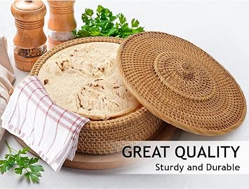 Tortilla Warmer 10 inch Rattan Handmade Bread Basket for Tortillas, Wraps and Flatbread Warming Basket incl. Cotton Cloth for Kitchen, Keeps Food Warm