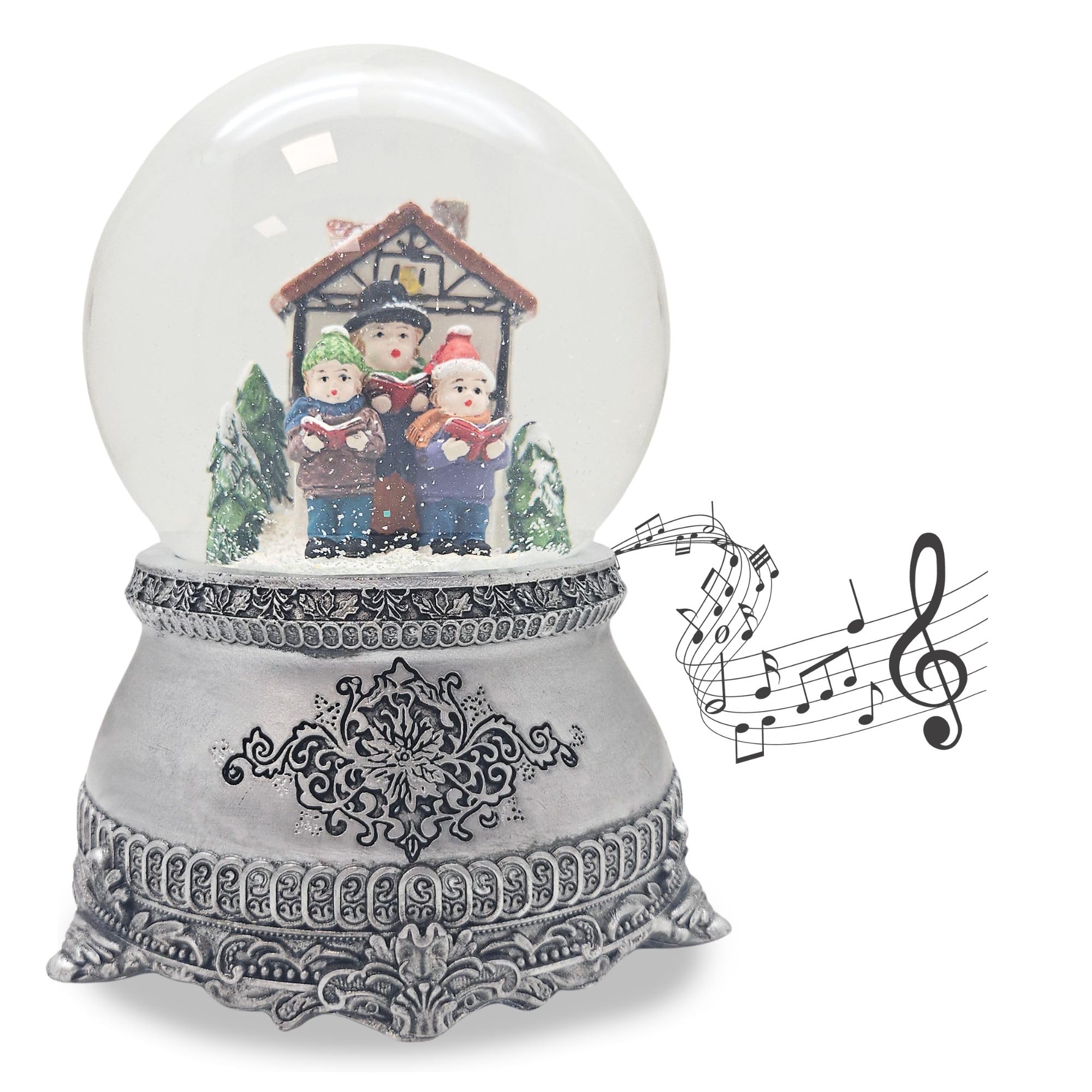 Schneekugel Weihnachten Spieluhr | Weihnachtssinger Fachwerkhaus | Sockel Zinn Ornamente | Höhe: 140mm, Breite 100mm | mit Musik | Schüttelkugel mit Weihnachtsmelodie | 20315