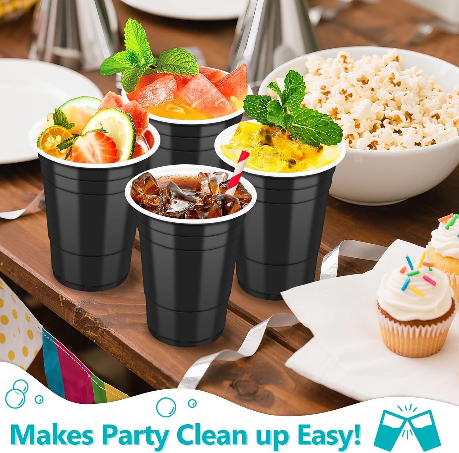 50 Black Plastic Cups, 16 oz Disposable Cups, Drinking Cups For Birthday Party, Graduation, Halloween - Image 3