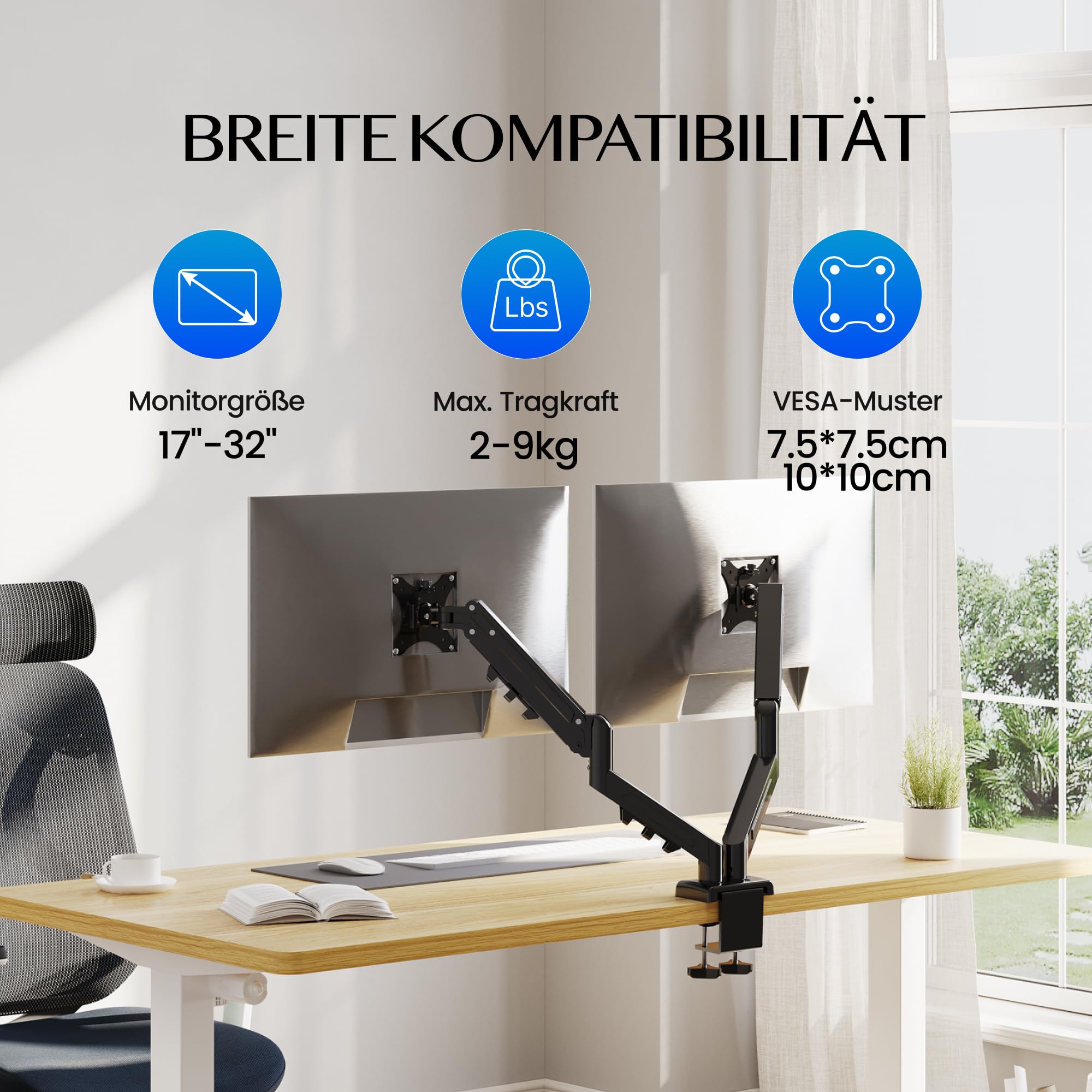 FLEXISPOT Monitor Halterung für 2 Monitore 17–32 Zoll, 2–9 kg pro Arm, Dual Bildschirmhalterung, höhenverstellbar und neigbar, VESA 75x75/100x100, Tischklemme oder Durchführungsbohrung