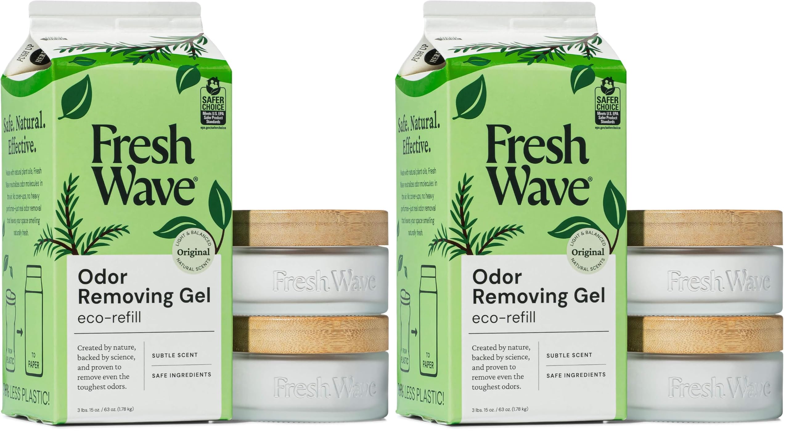 Fresh Wave Odor Removing Gel Eco-Refill, 63 oz. Original Scent | 2 Empty Refillable Glass Jars | 2 Room Set (Pack of 2)