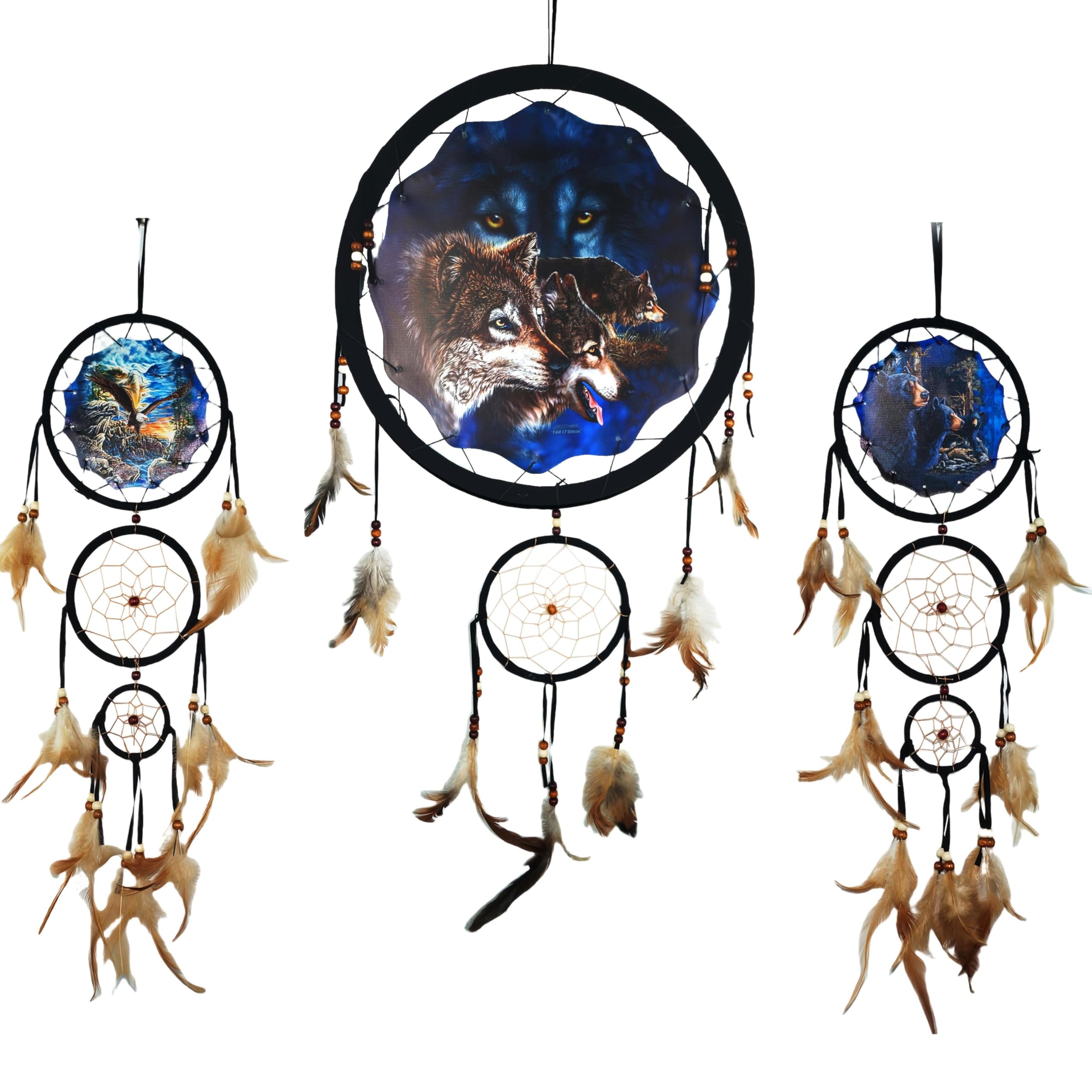 Remorelt Wolf Eagle Bear Dream Catcher Bedroom Wall Decor, Christmas Home Decoration, Room Accessory, White Moon Feather Decoration - Unique Home Craft Wall Pendant (DC04 13Inch Set 3 Mix)