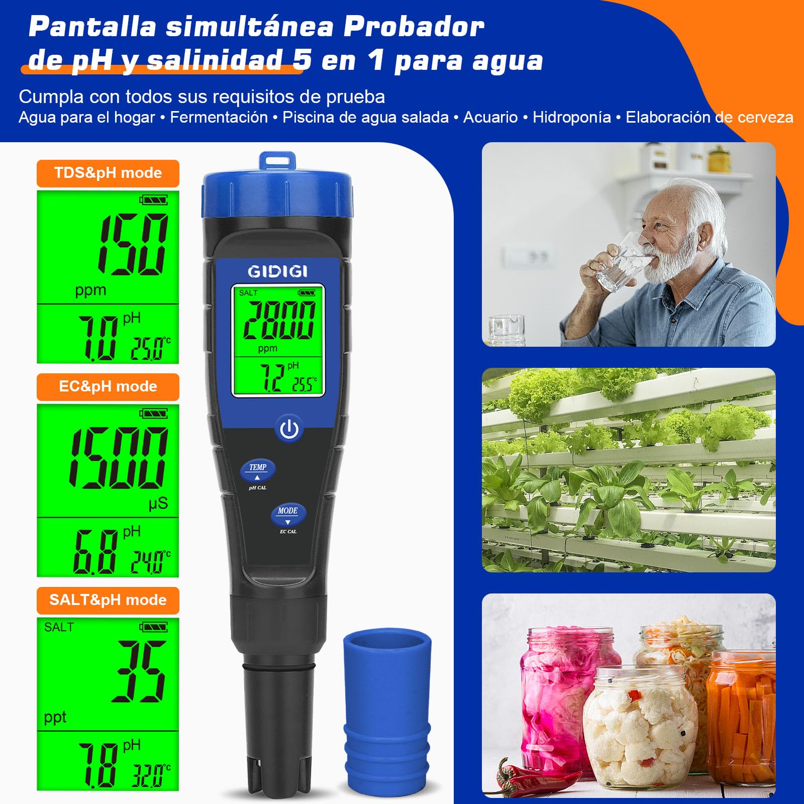 Medidor de pH, probador de sal para piscina, 5 en 1, probador de TDS EC pH con líquidos calibración, medidor ppm pH para piscina agua salada, acuario, spa, hidroponía, cerveza
