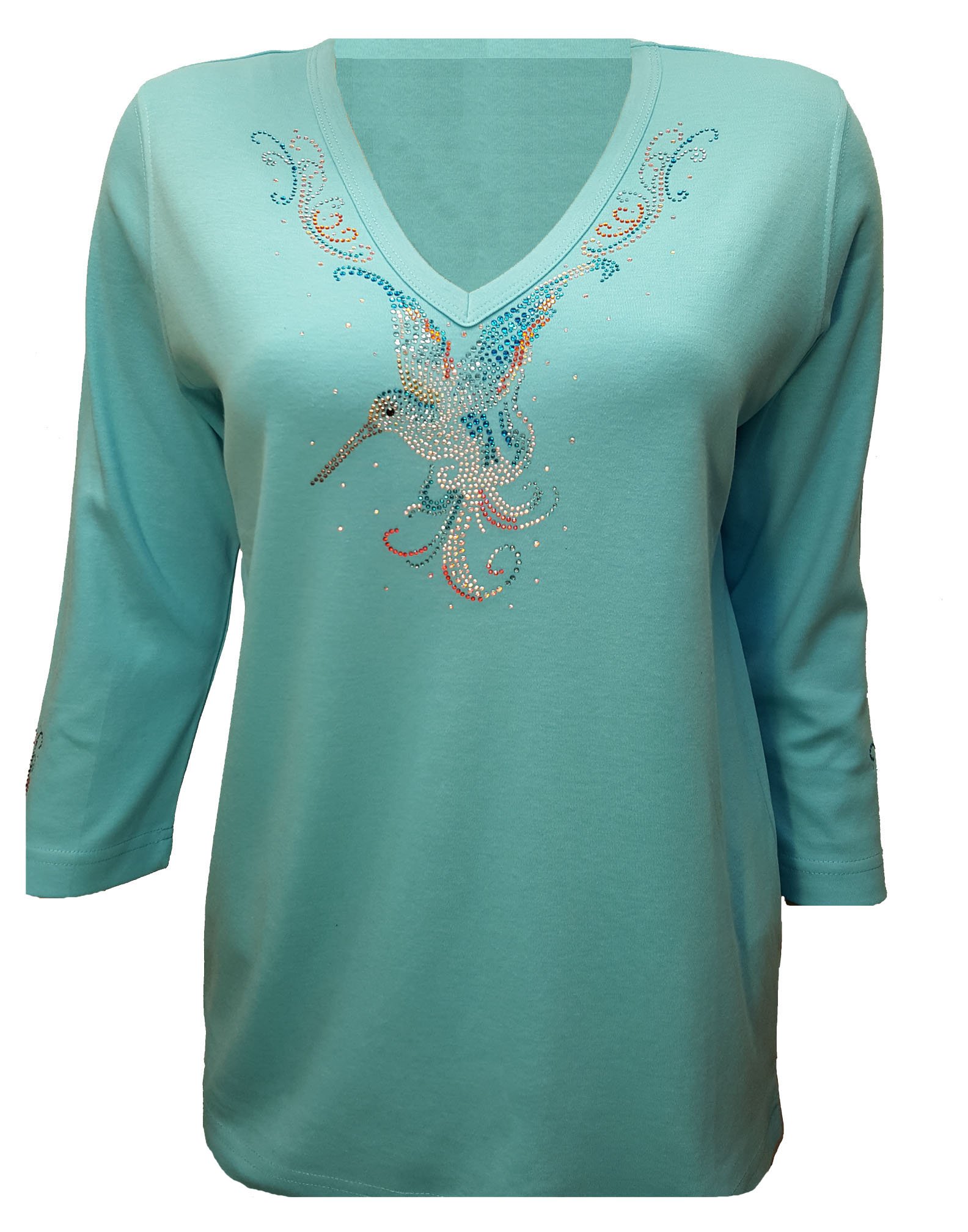 ID ISAAC'S DESIGNS Graceful Charm Hummingbird Aqua V-Neck Bling Shirt with Rhinestones and ¾ Sleeves