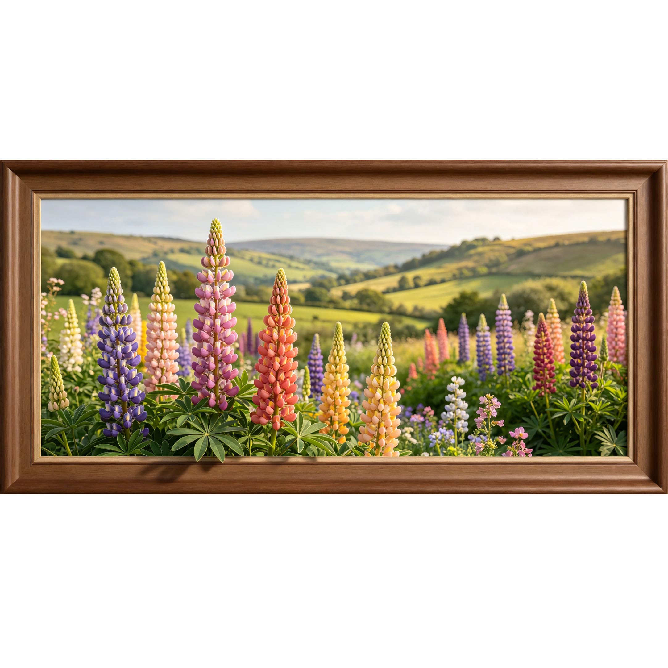 Agglomerix 3D Framed Wall Art Lupine Flower Meadow Landscape Botanical Natural Scenery Large Size Self-Adhesive Removable Wall Decor Prints Artwork for Living Room Bedroom Office