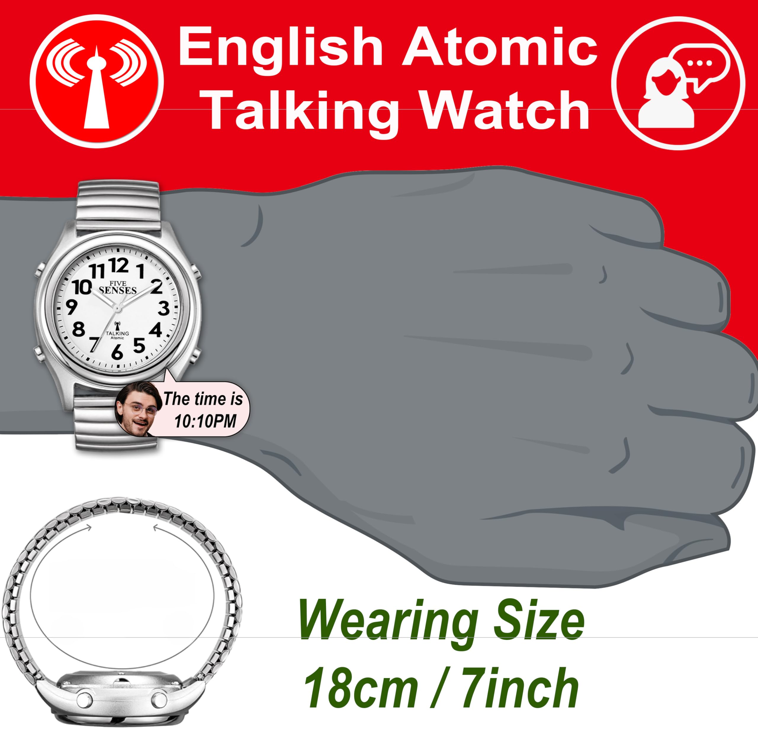 Five Senses Atomic - Orologio parlante per anziani, con allarme sonoro, ideale per uomini e donne con problemi di vista, quadrante grande con funzione di conversazione