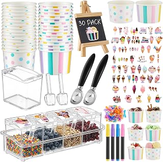 120 Pcs Ice Cream Bar Supplies Toppings Bar Kit for 30 Guests | Ice Cream Bar Party Decorations, 30 Cups & Spoons, 52 Stickers, Topping Box, Chalkboard, Chalk Markers, Dessert Table Setup