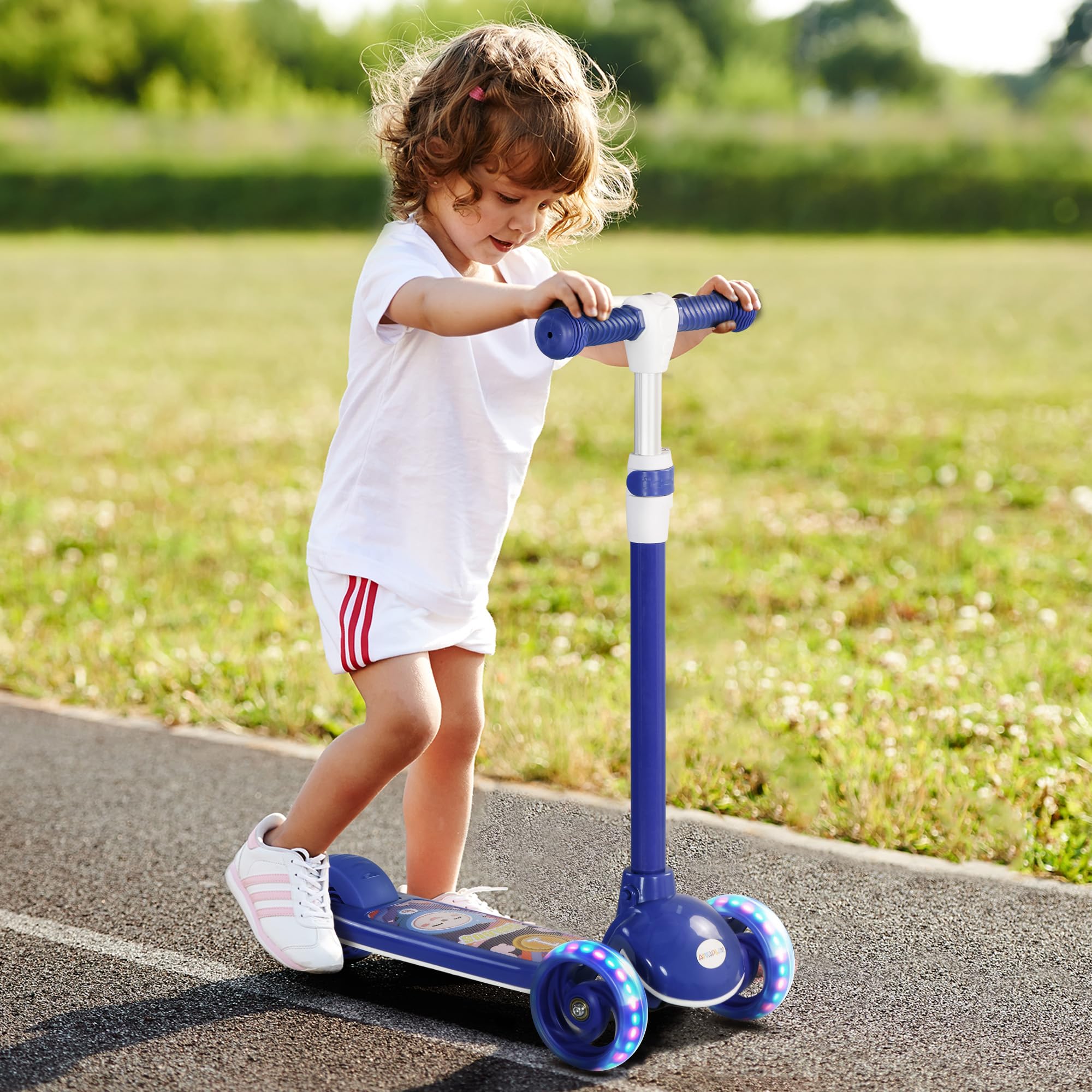AIYAPLAY Trottinette pour Enfant - Trottinette 3 Roues Lumineuses LED - Hauteur Guidon en TPE réglable - Frein à Friction arrière - Acier PP pour Enfants de 2 à 6 Ans