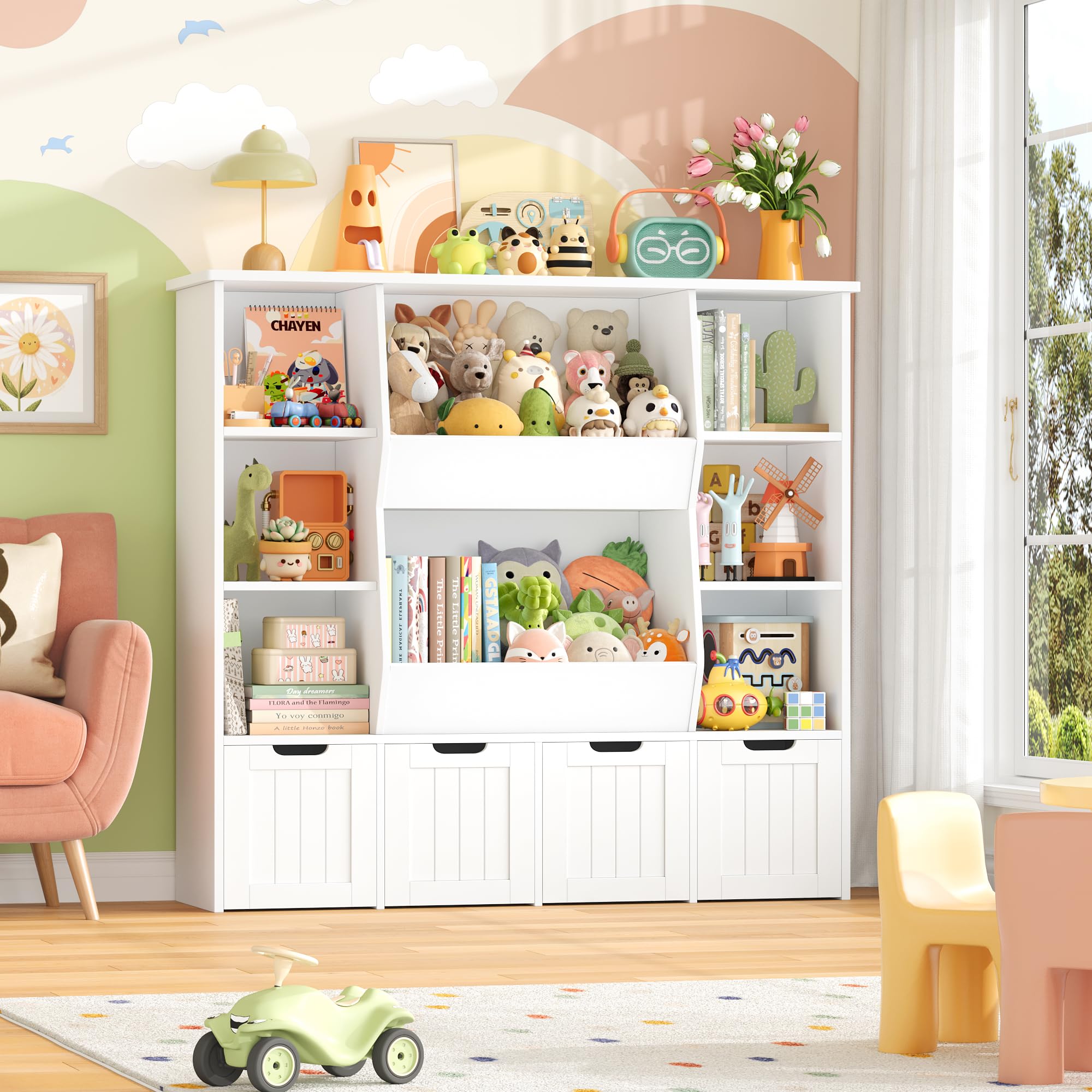 FOREHILL Mueble Organizador Juguetes, Mueble Almacenaje Juguetes, Estanteria Montessori, Organizador de Juguetes Infantil, Estanteria Infantil, 4 Cajones con Ruedas, 8 Compartimentos, Blanco