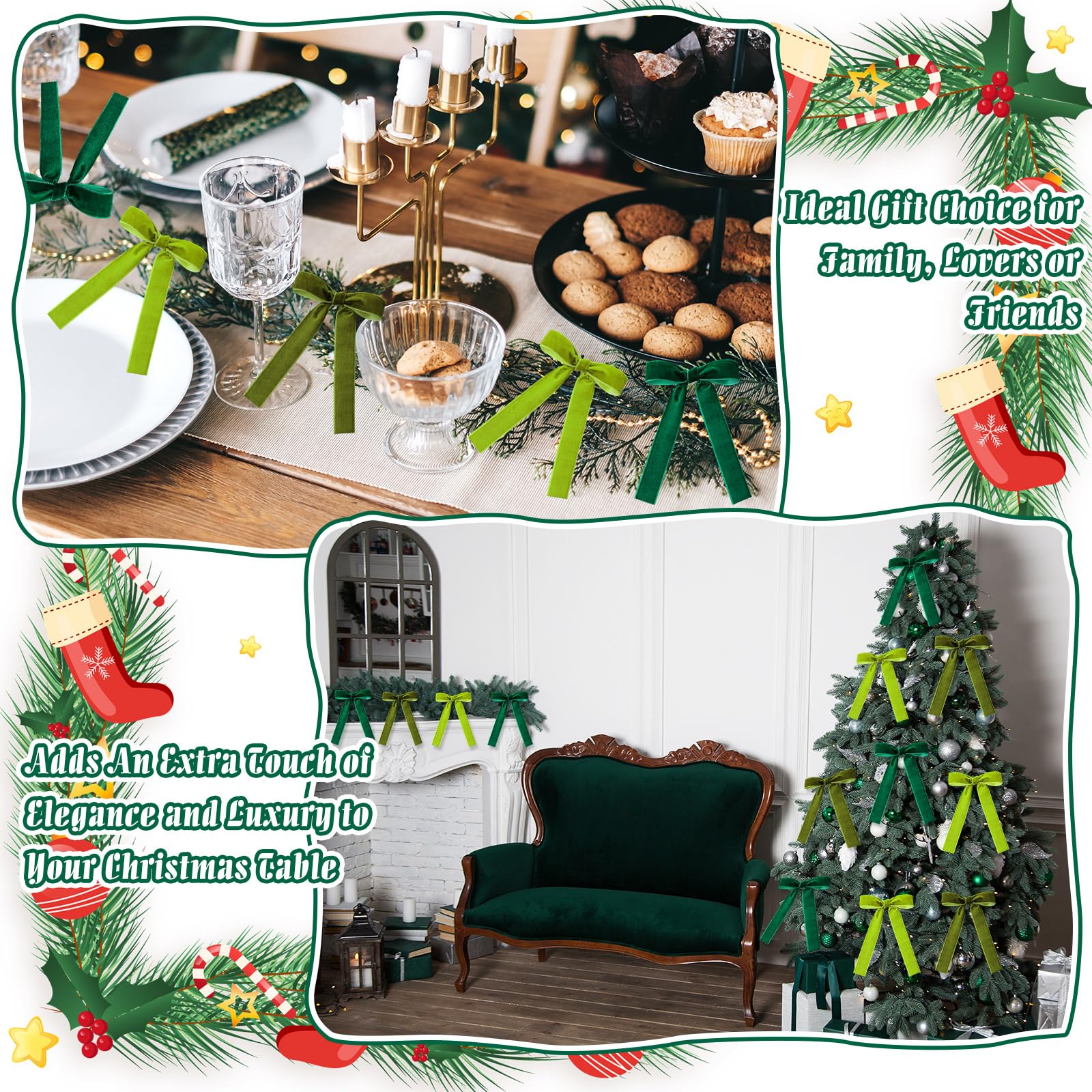 Juego de 36 lazos de terciopelo de Navidad, lazos de Navidad, para manualidades, manualidades, regalos, para guirnaldas, decoración del hogar, boda, decoración interior al aire libre (verde