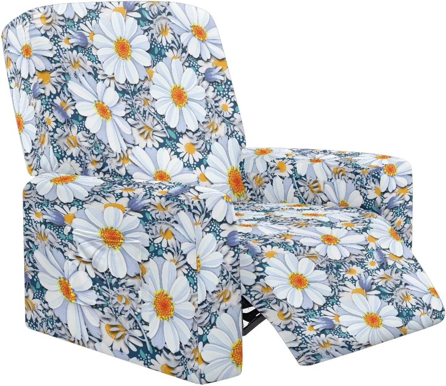 FOR U DESIGNS Daisy Flowers Elastic Recliner Slipcover Chair Cover for Living Room Protective Covers for Reclining Chairs with Elastic Loops Washable Anti-Slip Universal Fit