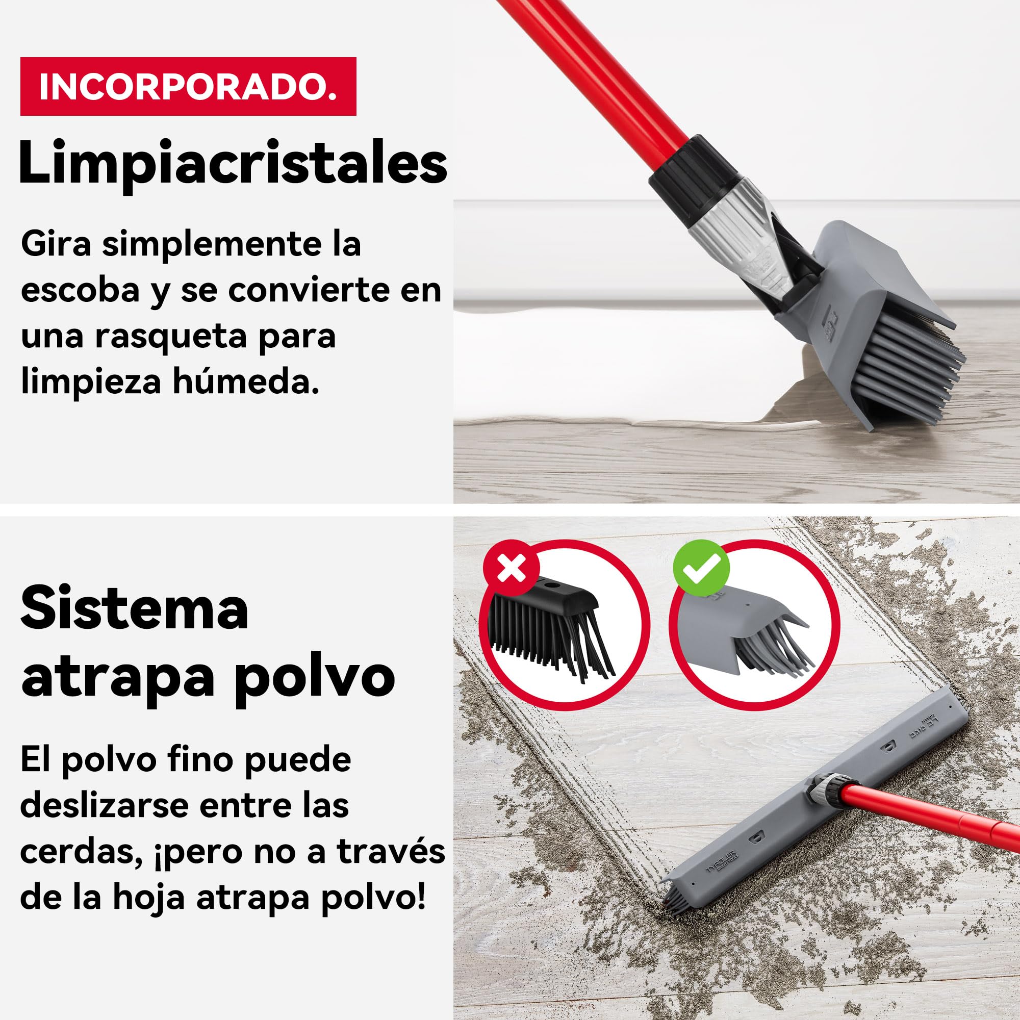 Tyroler Escoba de Goma para Suelo y Haragán 2 en 1 | 41 cm Cabezal de Silicona 100% | 140 cm Mango de Aluminio de 4 Piezas para Escoba de Silicona | Escobas para Barrer | Escobas Silicone Suelo