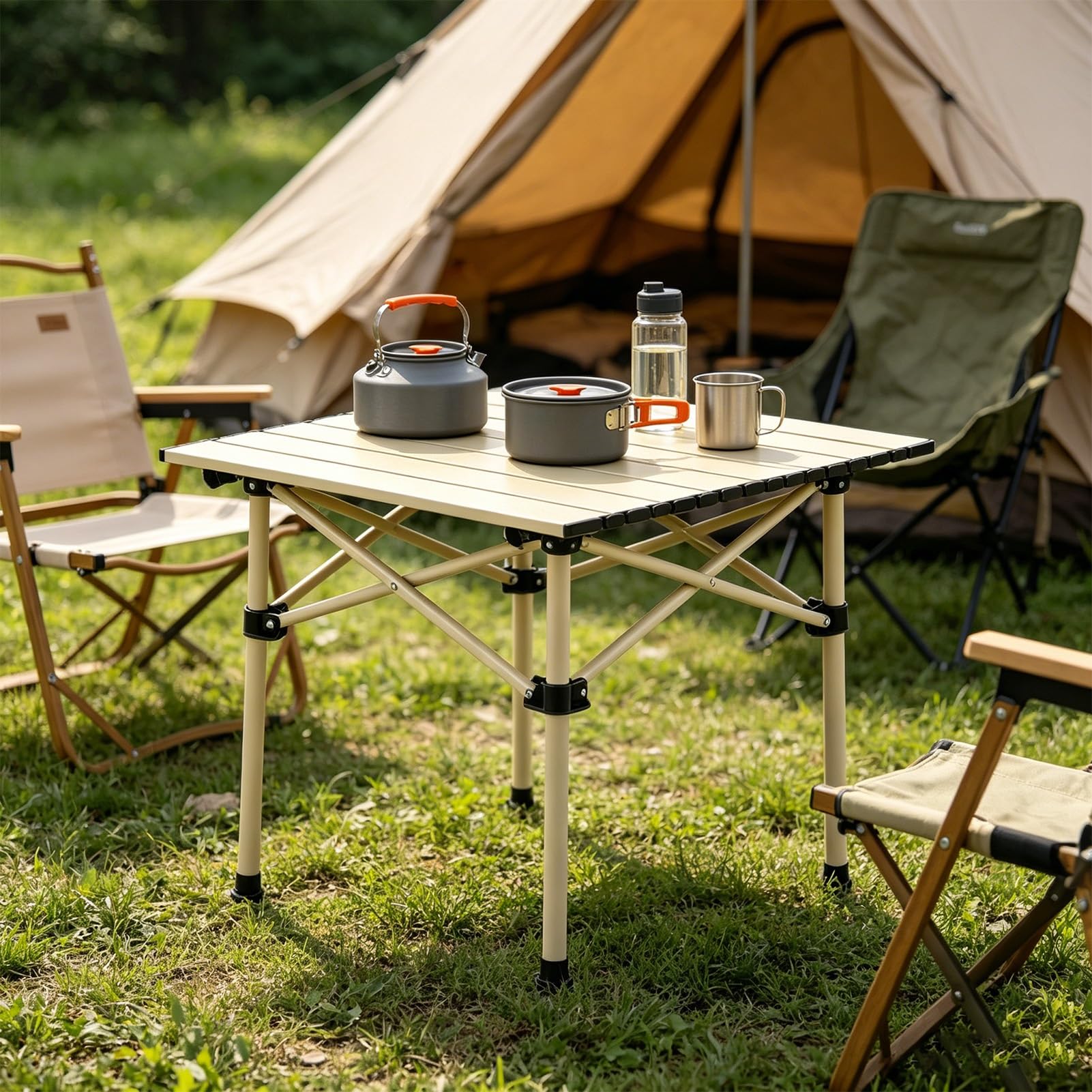 Mesa de camping portátil plegable, escritorio de picnic enrollable de acero al carbono, mesa auxiliar al aire libre ligera para senderismo, playa, pesca, fácil configuración con bolsa de transporte, a