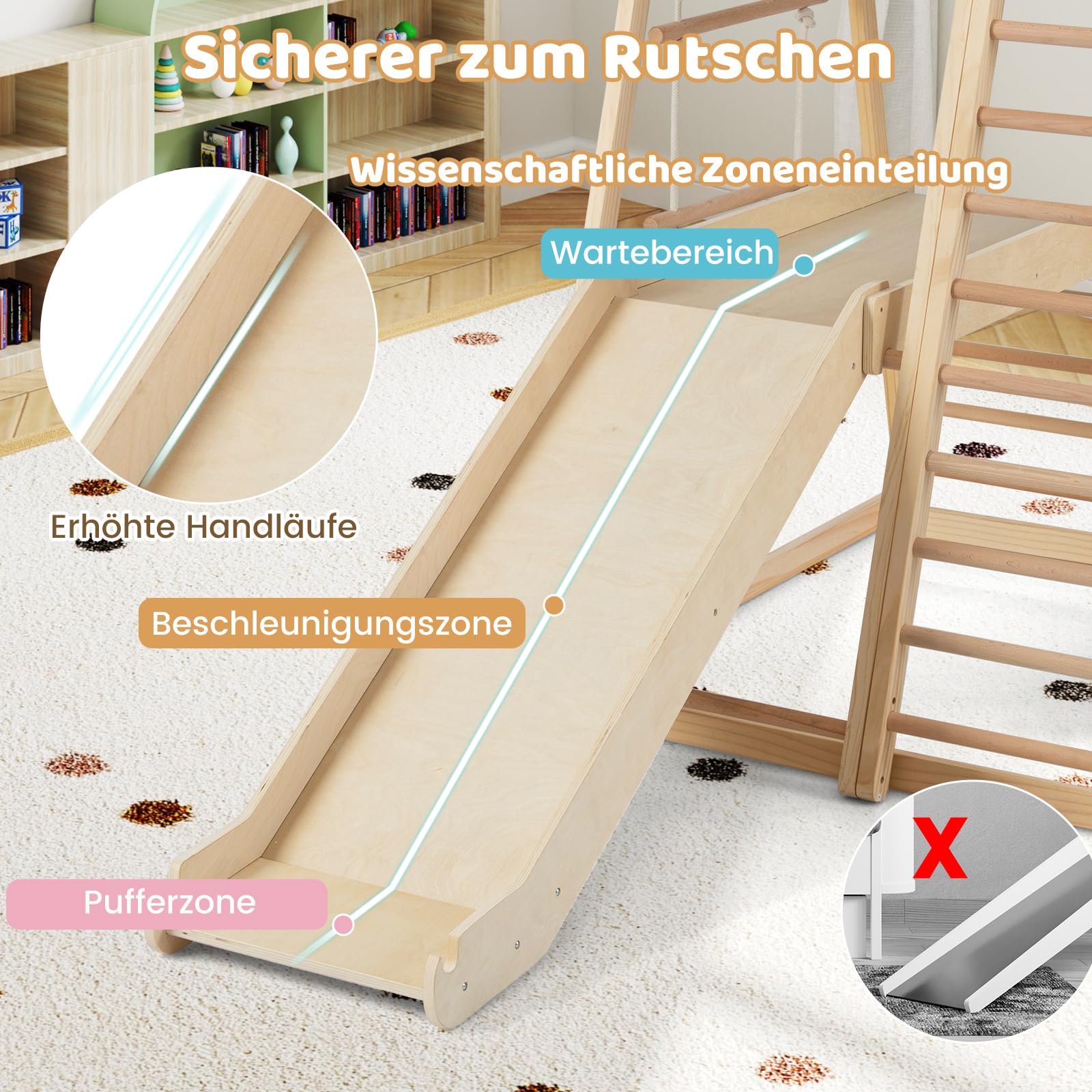 DREAMADE 8 in 1 Klettergerüst aus Holz, Montessori Kletterdreieck mit Schaukel & Leiter, Spielturm mit Rutsche & Kletternetz, Indoor Spielplatz für Kinder ab 3 Jahren (Natur)