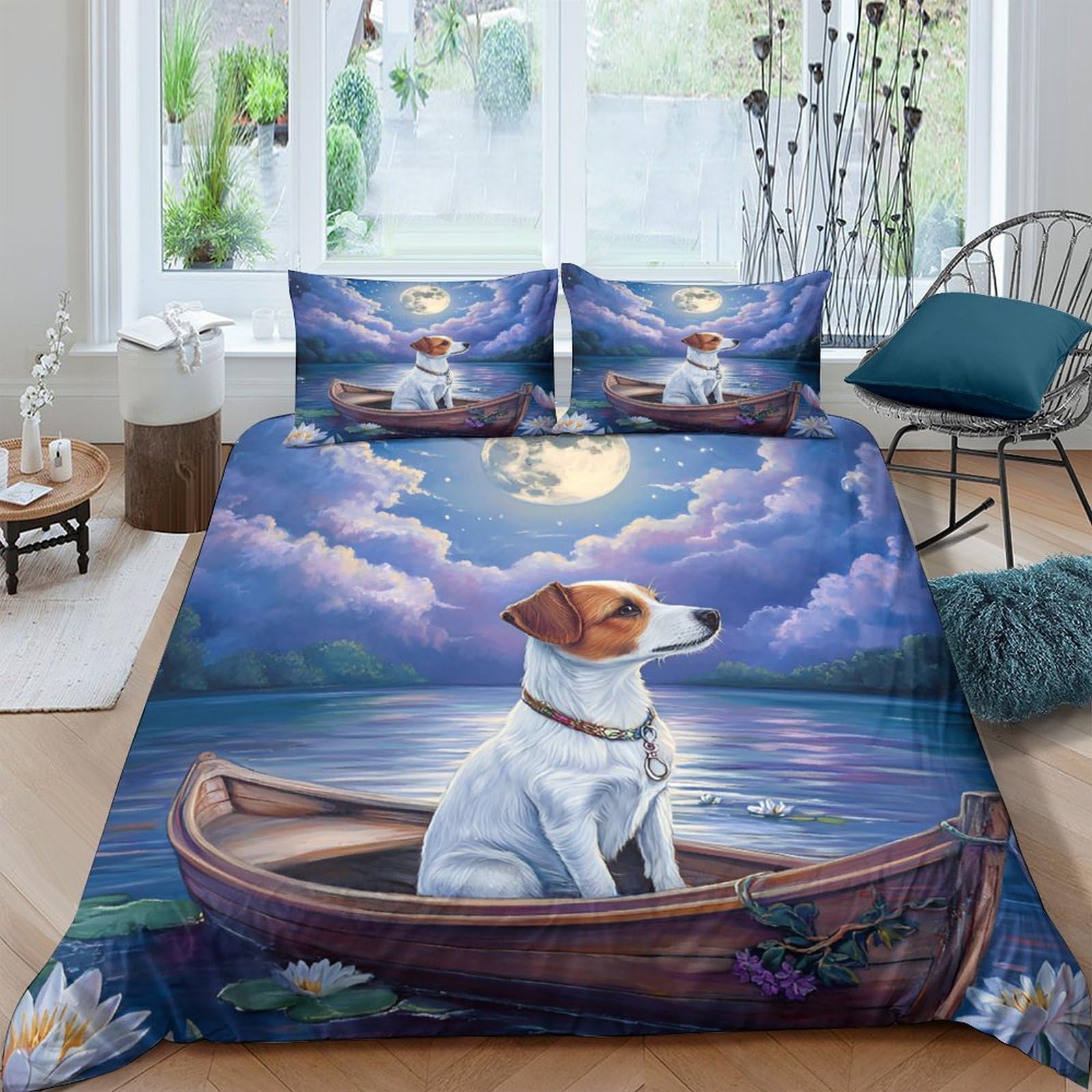 Ctjqhvkz Style-10 3D Printed Dog In Boat Fitted Sheet Microfiber Lake Sunset Mattress Cover Non Slip Bedroom Decor Easy Wash Single（135X200cm）