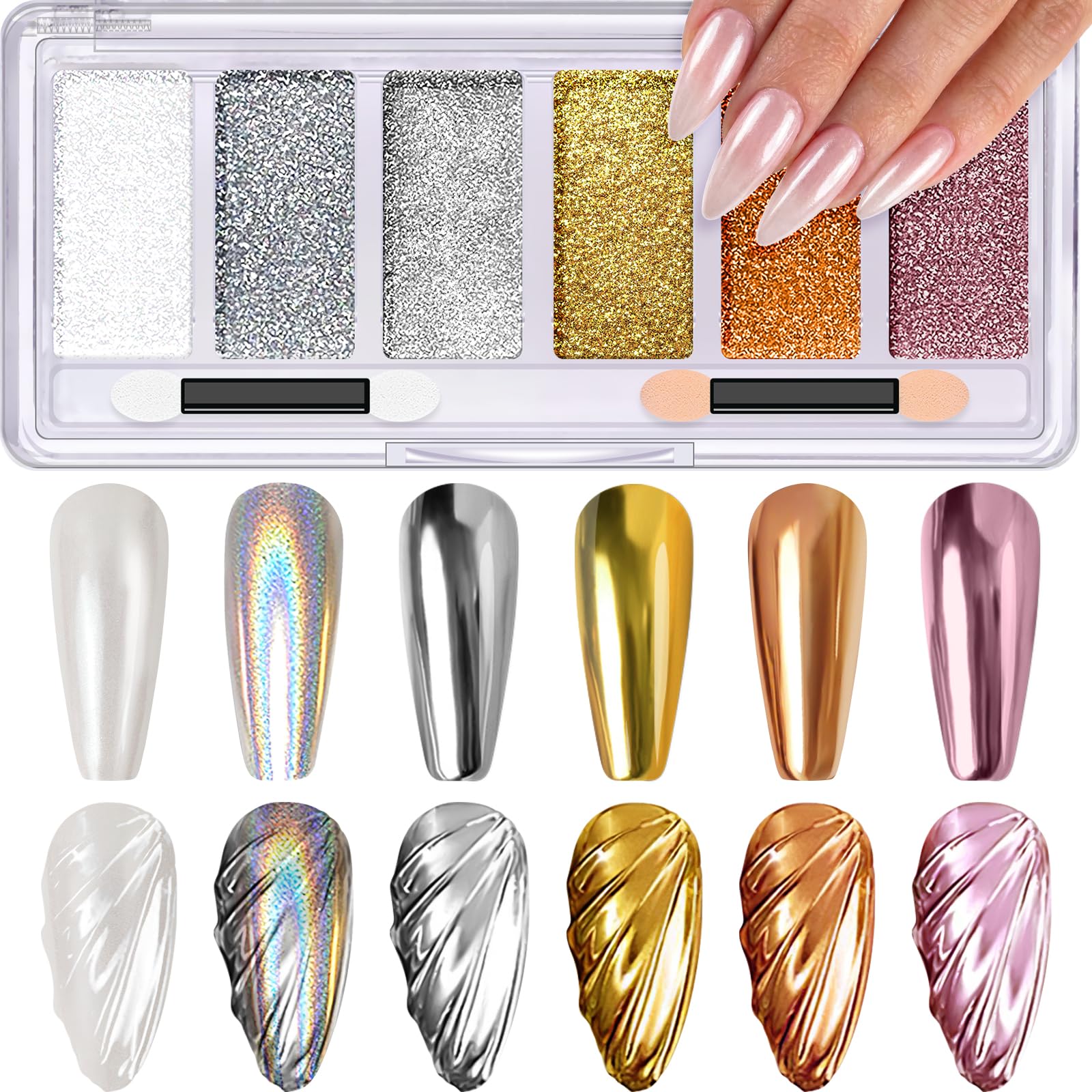 DRMODE Chrome Nail Powder, 6 Colors Gold Silver White Pearl Holo Rose Gold