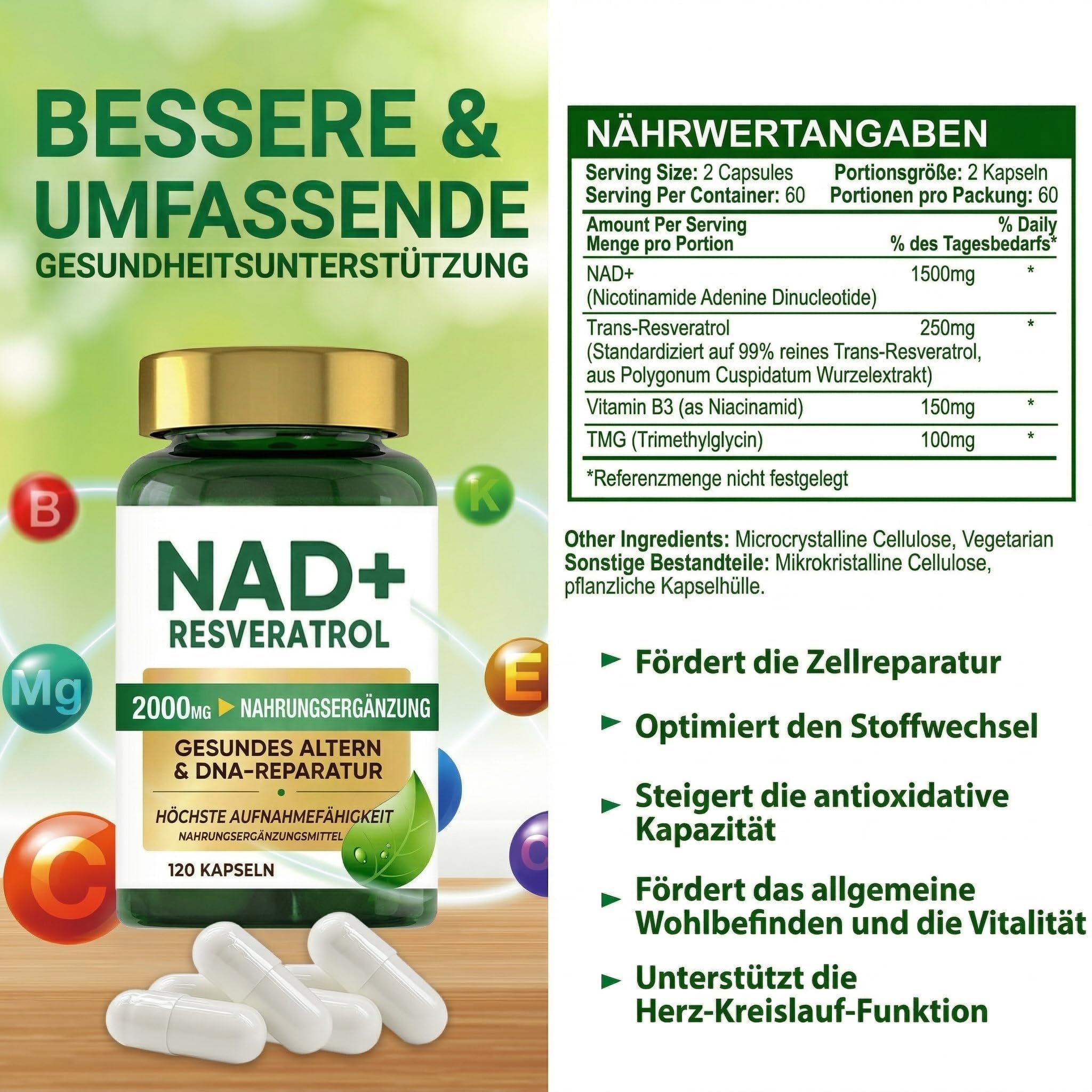 NAD Plus Resveratrol Kapseln, Hochdosierte NMN Alternative Supplement für Tägliche Energie, 120 Stück