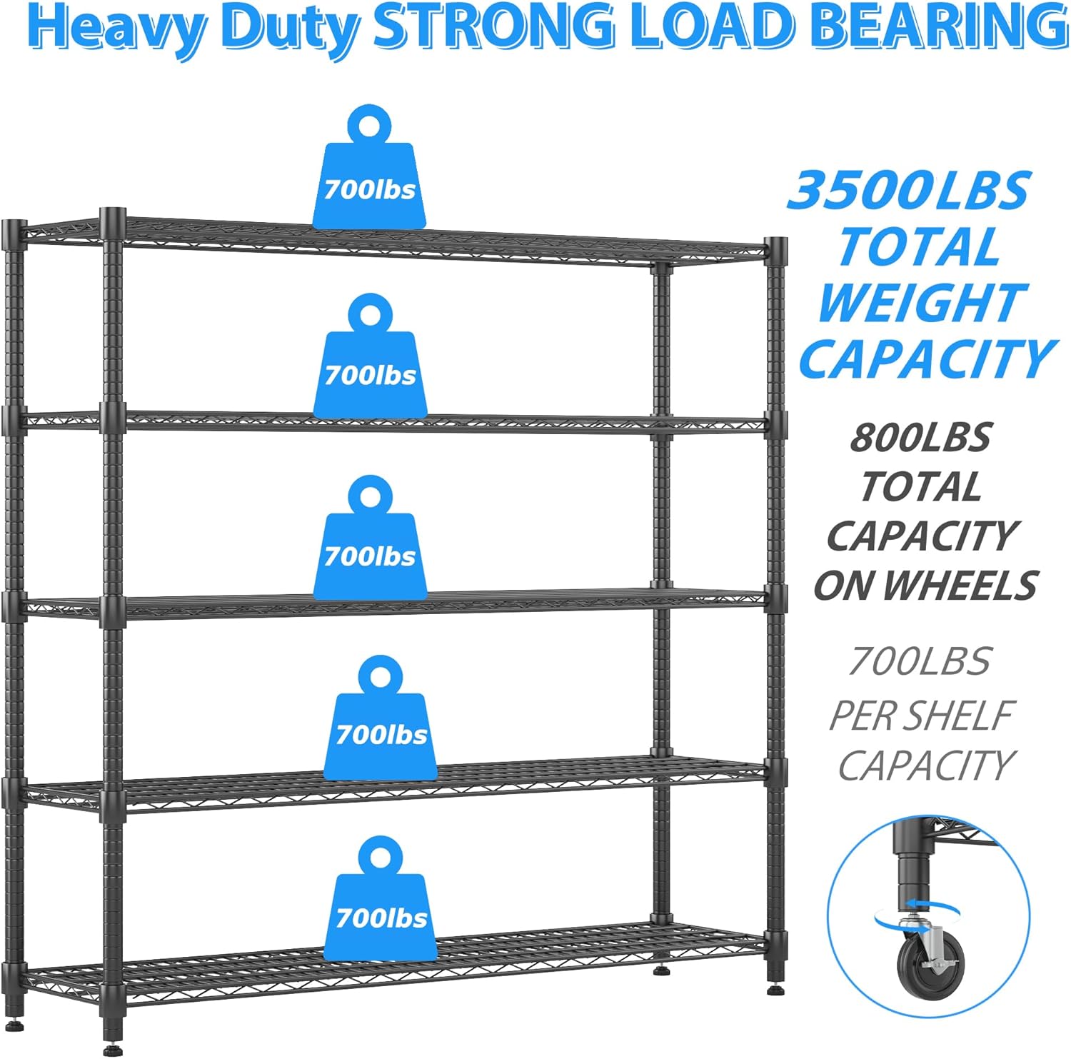 Homdox Heavy Duty Metal Shelves for Storage, 5 Tier Storage Racks and Shelving, Commercial Adjustable Wire Shelving Unit on Wheels, Garage Rack Pantry Shelves Kitchen Shelving, 18"x60"x82", Black