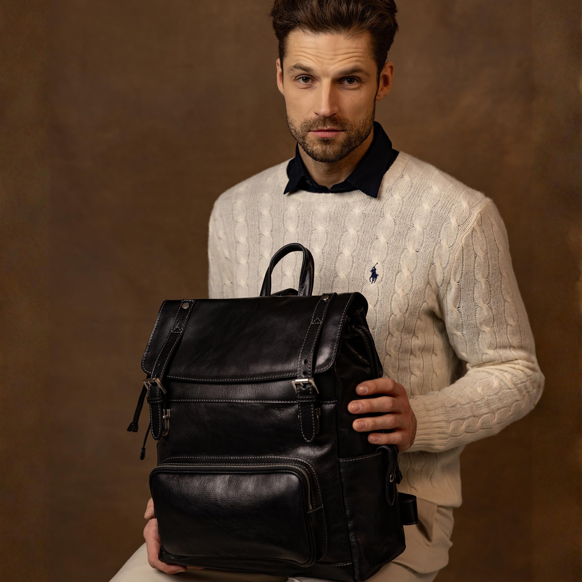Macco Leather Backpack Italian Craftsmanship Anti-Theft Double Closure - Dettaglio
