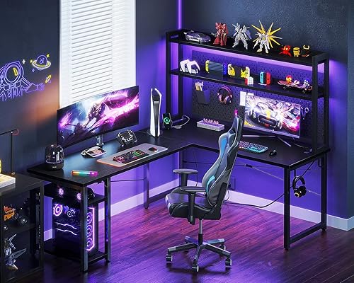 Miniatura 2 de AODK Escritorio para juegos en forma de L con gabinete, tomas de corriente, tira LED y soporte para monitor, escritorio reversible de 59 pulgadas