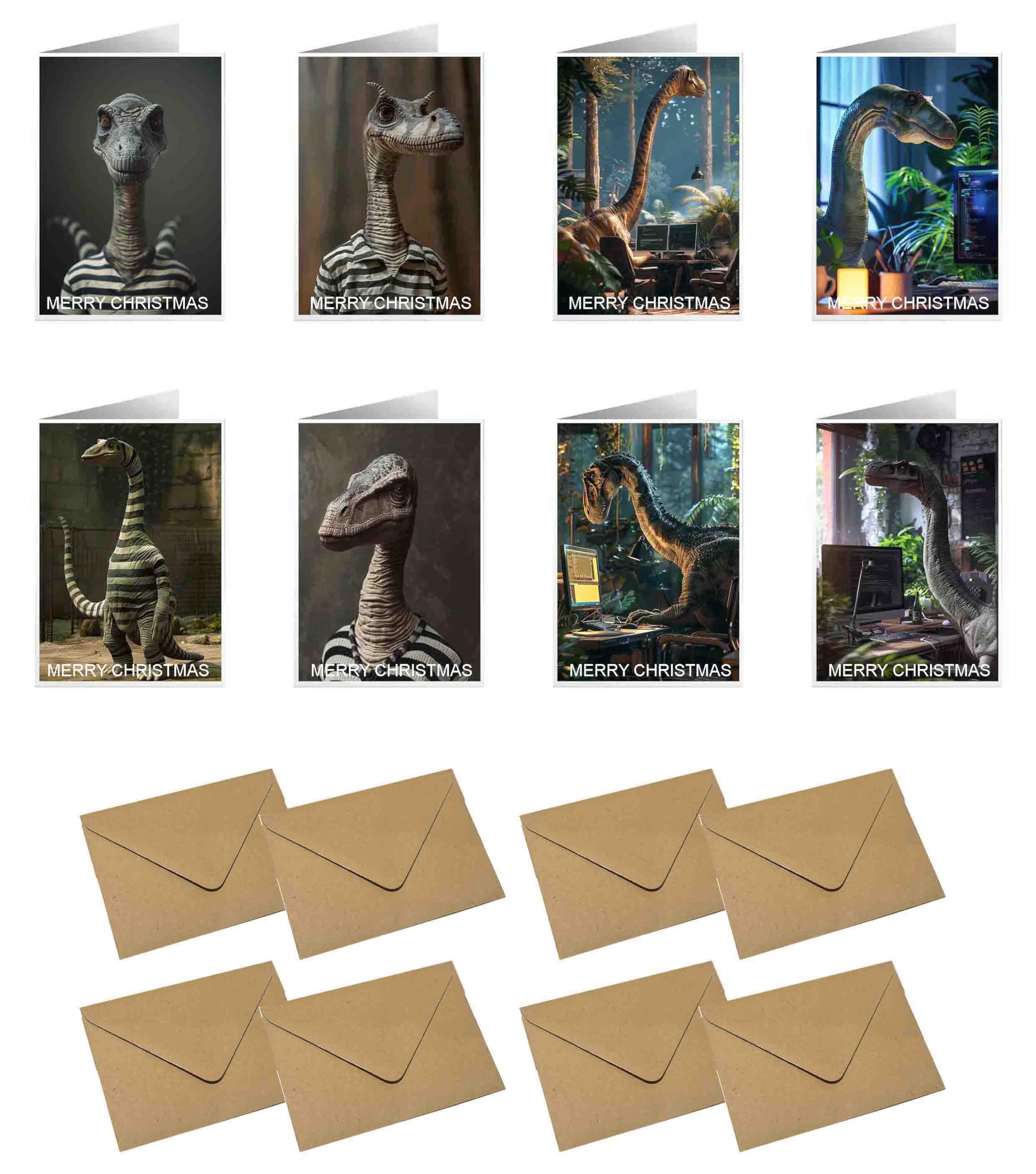 Frohe Weihnachtskarten, lustige, realistische Tierkunst, Set mit 8 Grußkarten und 8 Umschlägen, Größe 105 x 148,5 mm (Brachiosaurus, Tierprogrammierer, Brachiosaurus, Tiergefangene)