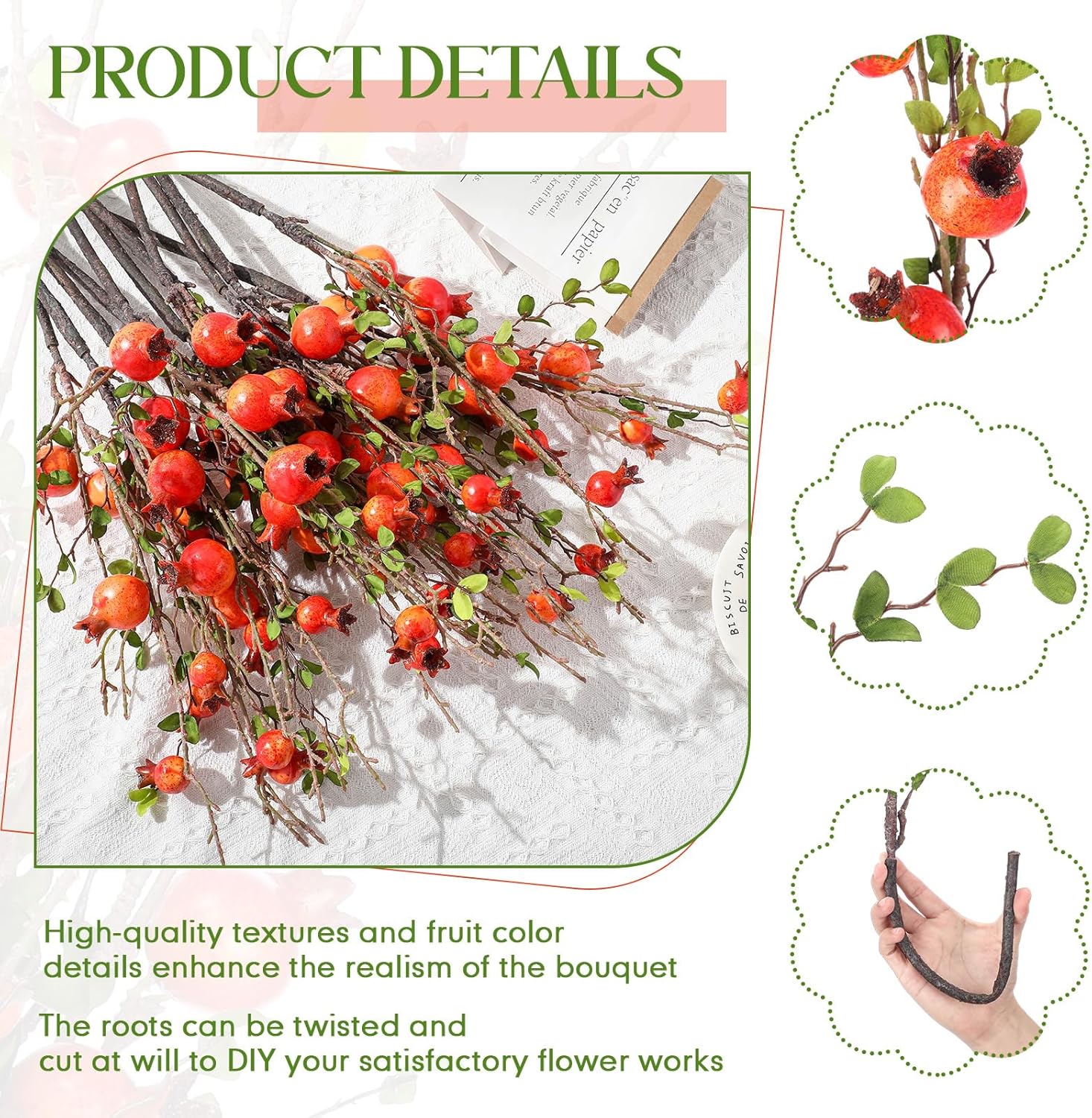 12 Pcs Rosh Hashana Artificial Pomegranate Branches 26'' Fall Fake Pomegranate Apple Stem Faux Berries Bouquet Floral Decor Christmas for Holiday Autumn Wedding Office Vase Prop Decor