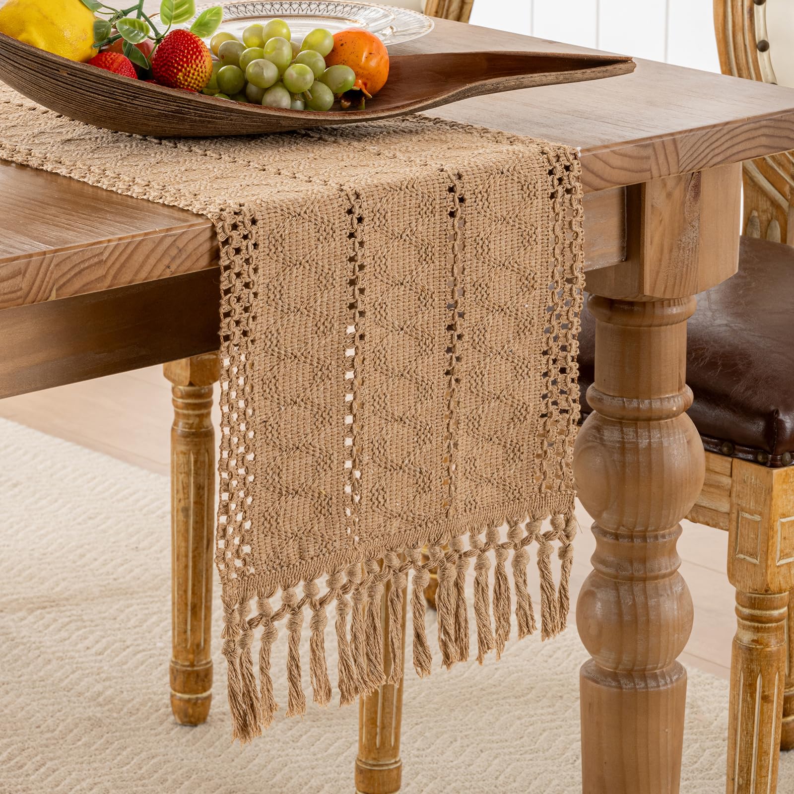 Macrame Style Table Runner with Tassels Brown Boho Neutral Table Runners 71 Inches Long Farmhouse Woven Home Decor for Bohemian Kitchen Dining Table (