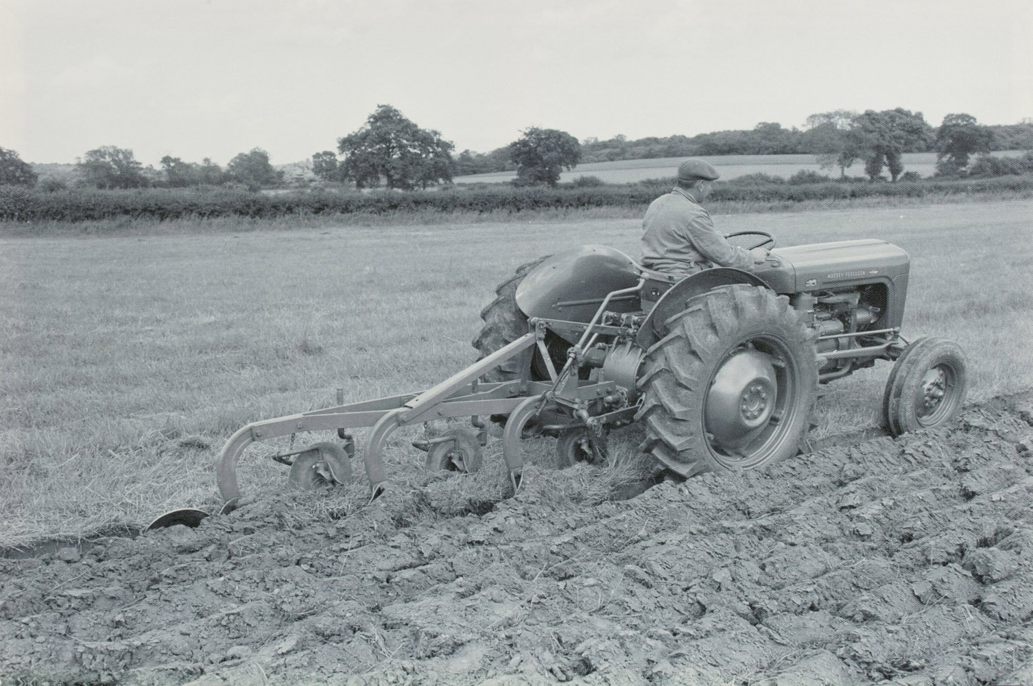 Garden Market Place Black/White Massey Ferguson Mf35 Tractor Ploughing Canvas Picture Print- And 60X40x1